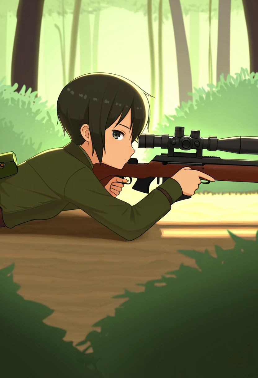 ambient occlusion, raytracing, Masterwork, dramatic lighting, KinoJNT, 1girl, <lora:Dramatic Lighting Slider:1> <lora:Kino_Kino_no_Tabi_Illustrious:1> kinojnt, 1girl, solo, short hair, black hair, black eyes, reverse trap, shirt, green tunic, long sleeves, pants, looking at viewer, tomboy, belt pouch, prone, aiming, rifle, sniper, scope, lying, on stomach, forest, scenery, side view, hiding in bush