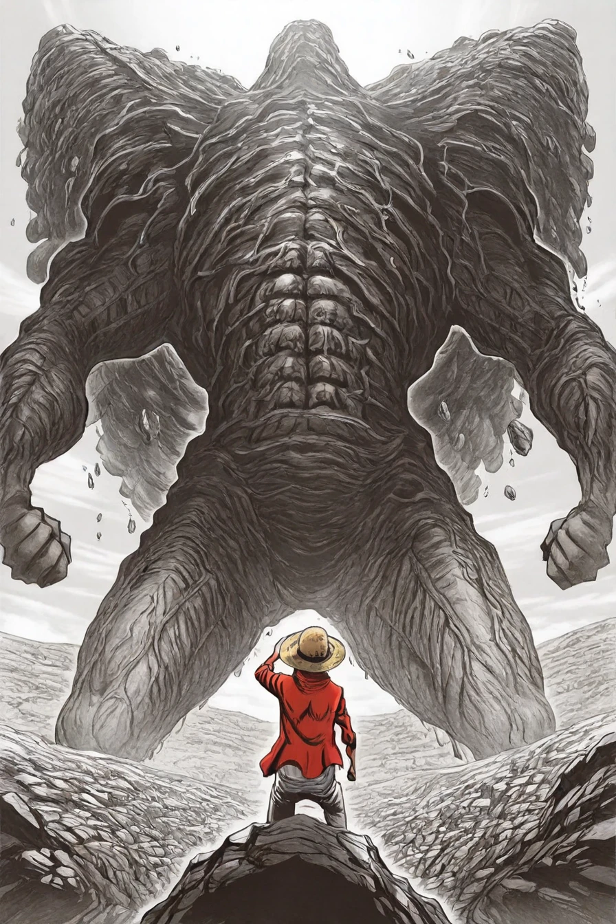 <lora:Monkey_D._Luffy_-_One_Piece_-_Illu_Comission:0.6>, Luffy, red jacket, straw hat, black hair, black arms, 1boy, solo, alone, from behind, facing monster, monster, ruin, <lora:yusuke_murata_scenery_illustriousXL-000021:1>, yusuke_murata_scenery, scenery, monochrome, greyscale, masterpiece, highres