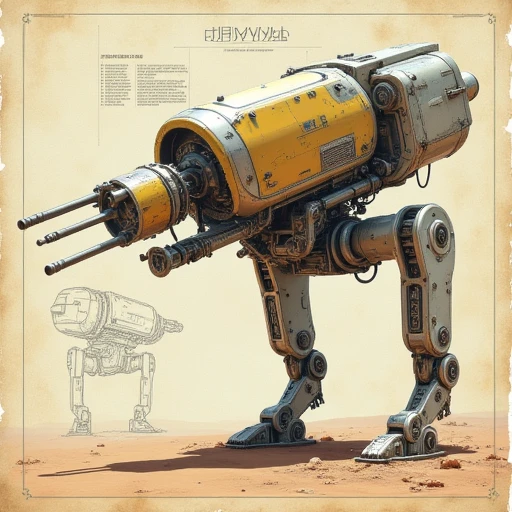 "A robot emerging from a detailed blueprint sketch on aged paper, transitioning into a 3D design with intricate mechanical parts."