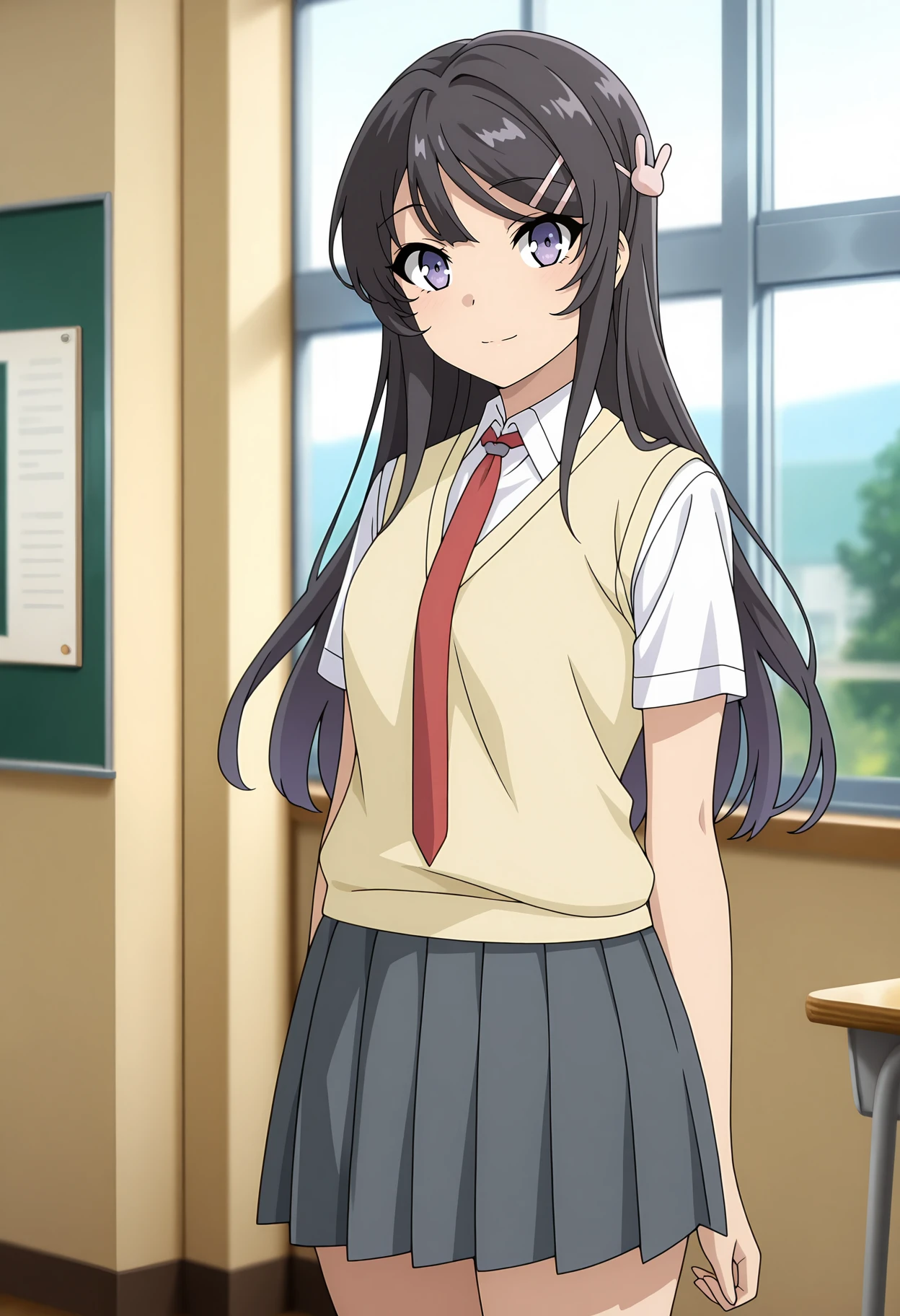 anime screencap, masterpiece, best quality,
<lora:SeishunButaYarou_SakurajimaMai_IlluXL:0.9>,
1girl, solo, closed mouth, light smile, light blush,
long hair, black hair, purple eyes, hairclip, rabbit hair ornament,
MaiSchool, sweater vest, yellow vest, white shirt, short sleeves, red necktie, pleated skirt, grey skirt,
standing, looking at viewer, cowboy shot,
indoors, classroom, photo background, blurry background