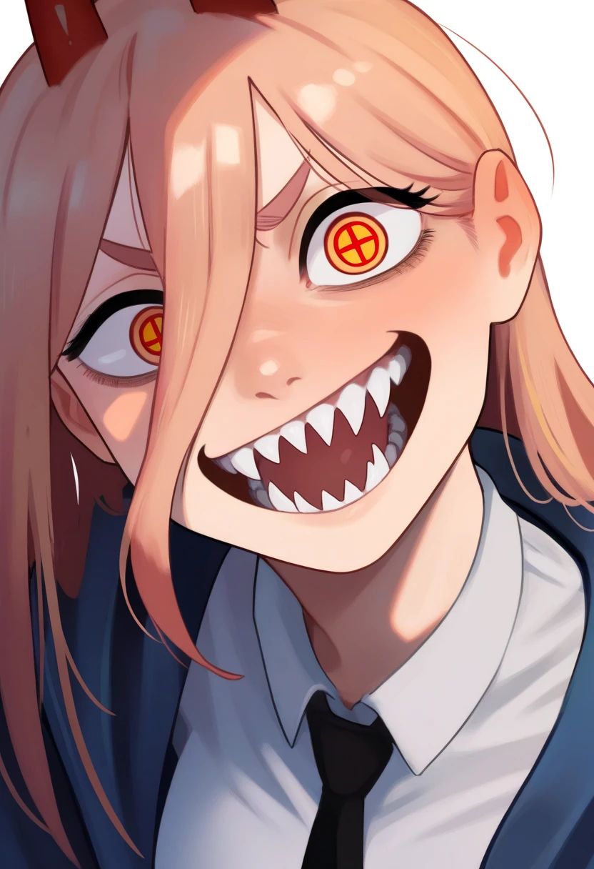 best quality, amazing quality, very aesthetic, absurdres,
1girl, power \(chainsaw man\), pink hair, blonde hair, red horns, red eyes, cross-shaped pupils, long hair, sharp teeth, hair between eyes, symbol-shaped pupils,
collared shirt, black necktie, long sleeves,
looking at viewer, white shirt, open mouth,
simple background, white background, smile, upper body, <lora:EltonelNoobLocon_byKonan:1>
