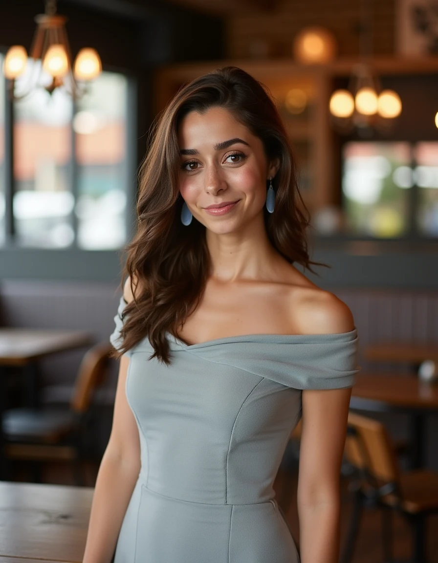 <lora:Cristin_Milioti_Flux:1> This is a high-resolution photograph of a woman, smile, hair cascading over her shoulders. Wearing a boatneck dress, Standing in a cafe. Looking at the viewer.