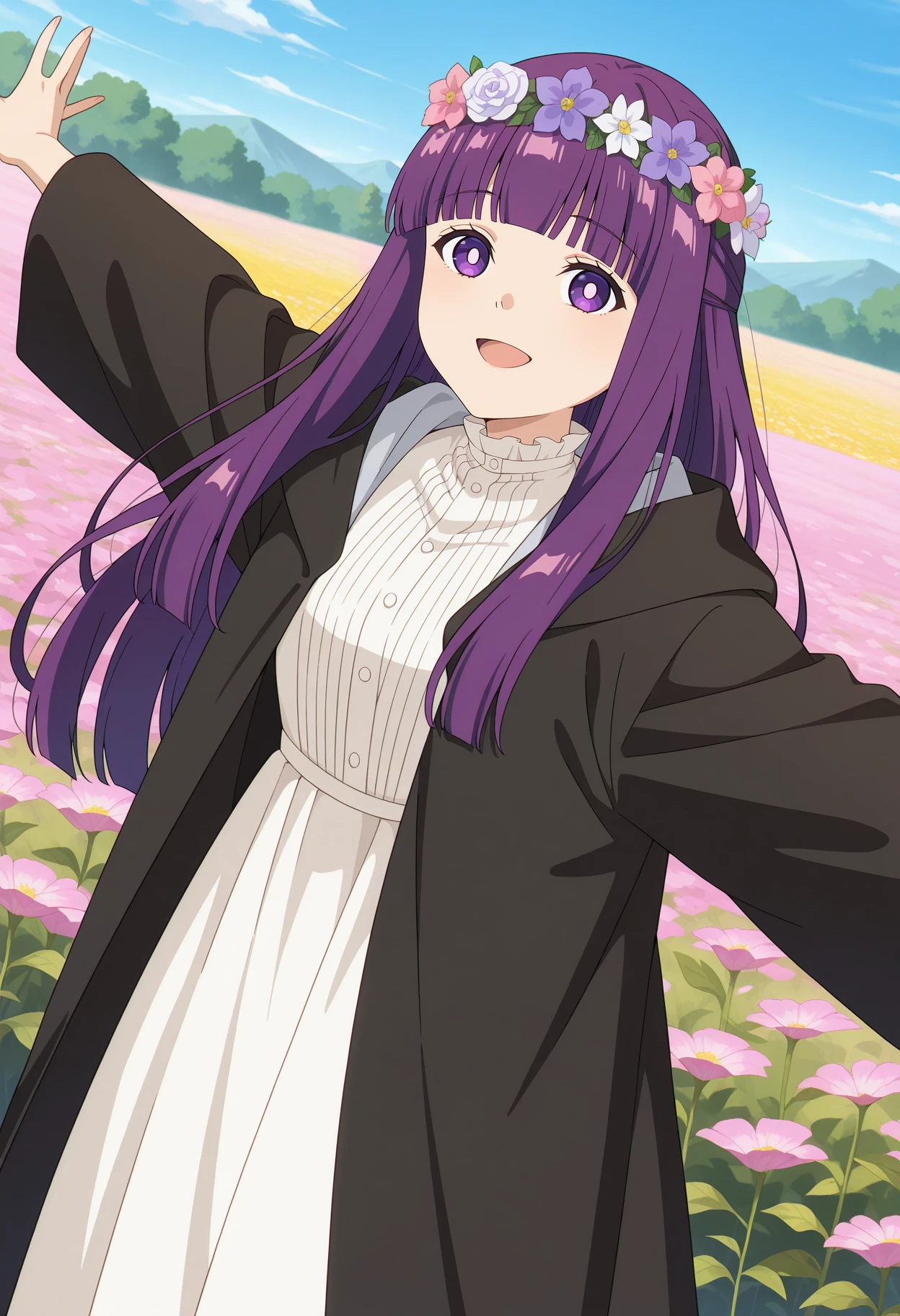 anime screencap, masterpiece, best quality,
<lora:SousouNoFrieren_Fern_IlluXL:0.9>,
1girl, solo, open mouth, light smile, head wreath, hair flower, happy,
purple hair, long hair, purple eyes, bright pupils, blunt bangs,
FernCasual, striped dress, white dress, black robe, open robe, hood down, frilled collar,
spread arms, looking at the viewer,
outdoors, flower field, blue sky