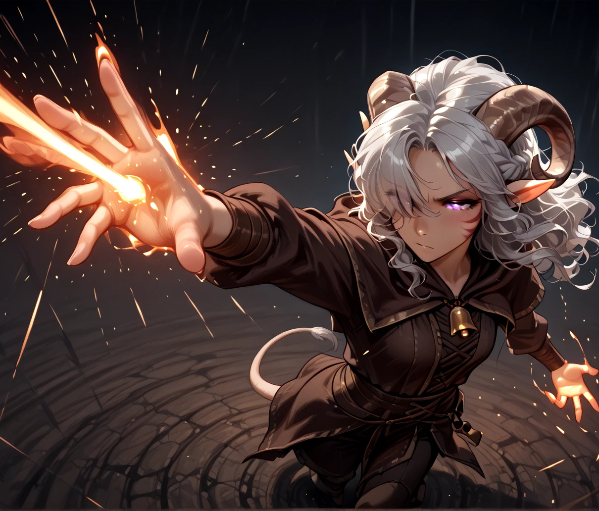 masterpiece, tiefling, tail, anime, cowboy shot, pointy ears, tiefling, silver hair, ivory sheep horn,
<lora:whisker_markings:0.8>red whisker_markings:1.7, silver long wavy hair, bell necklace, short pointy ears, purple eyes, <lora:age_slider_v4:1> purple pupils,shirt, purple eyes, tiefling_bard_diana:1.2, hair over one eye, braid, <lora:Tiefling_bard_Diana_ILXL:1> full body, cloak, big tail, cow tail,<lora:scorching_ray_magic:1> scorching_ray_(/magic/), solo, flame, glowing hands, dynamic_pose, fighting stance,