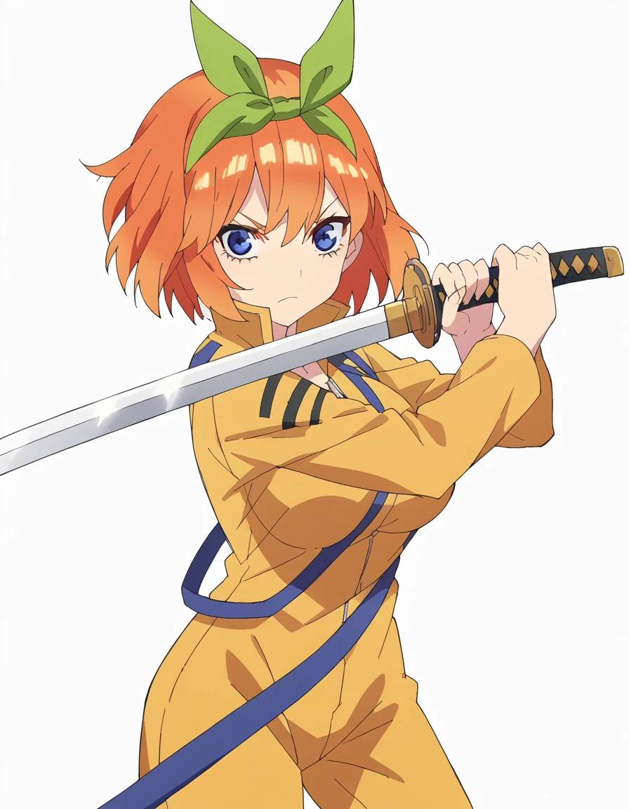score_9, score_8_up, score_7_up, source_anime, <lora:yotsuba-nakano-s2-ponyxl-lora-nochekaiser:1>, yotsuba nakano, bangs, short hair, blue eyes, hair between eyes, hair ribbon, hairband, orange hair, green ribbon, large breasts, anime screencap, <lora:sword-guard-stance-ponyxl-lora-nochekaiser:1>, sword guard stance, sword, weapon, solo, katana, holding, holding weapon, holding sword, looking at viewer,, jumpsuit, yellow jumpsuit, high collar, cowboy shot, pants,,