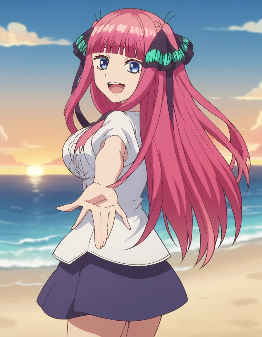 score_9, score_8_up, score_7_up, source_anime, <lora:nino-nakano-s1-ponyxl-lora-nochekaiser:1>, nino nakano, long hair, bangs, blue eyes, hair ornament, hair ribbon, pink hair, blunt bangs, two side up, butterfly hair ornament, large breasts, anime screencap, <lora:looking-back-reaching-towards-viewer-ponyxl-lora-nochekaiser:1>, looking back reaching towards viewer, looking at viewer, solo focus, smile, looking back, open mouth, reaching towards viewer,, ocean, beach, outdoors, sky, cowboy shot, sunset, clouds, thighs, solo,