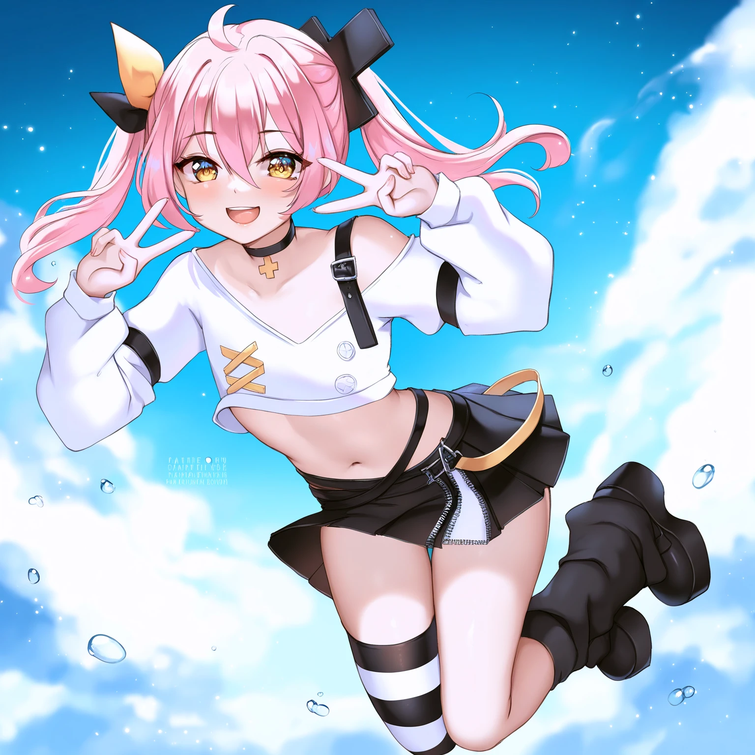 Anime Style, school gym background, 1 girl, cheerleader, cheerleader costume, pink pongons on hands, jumps up, open mouth, hands up.