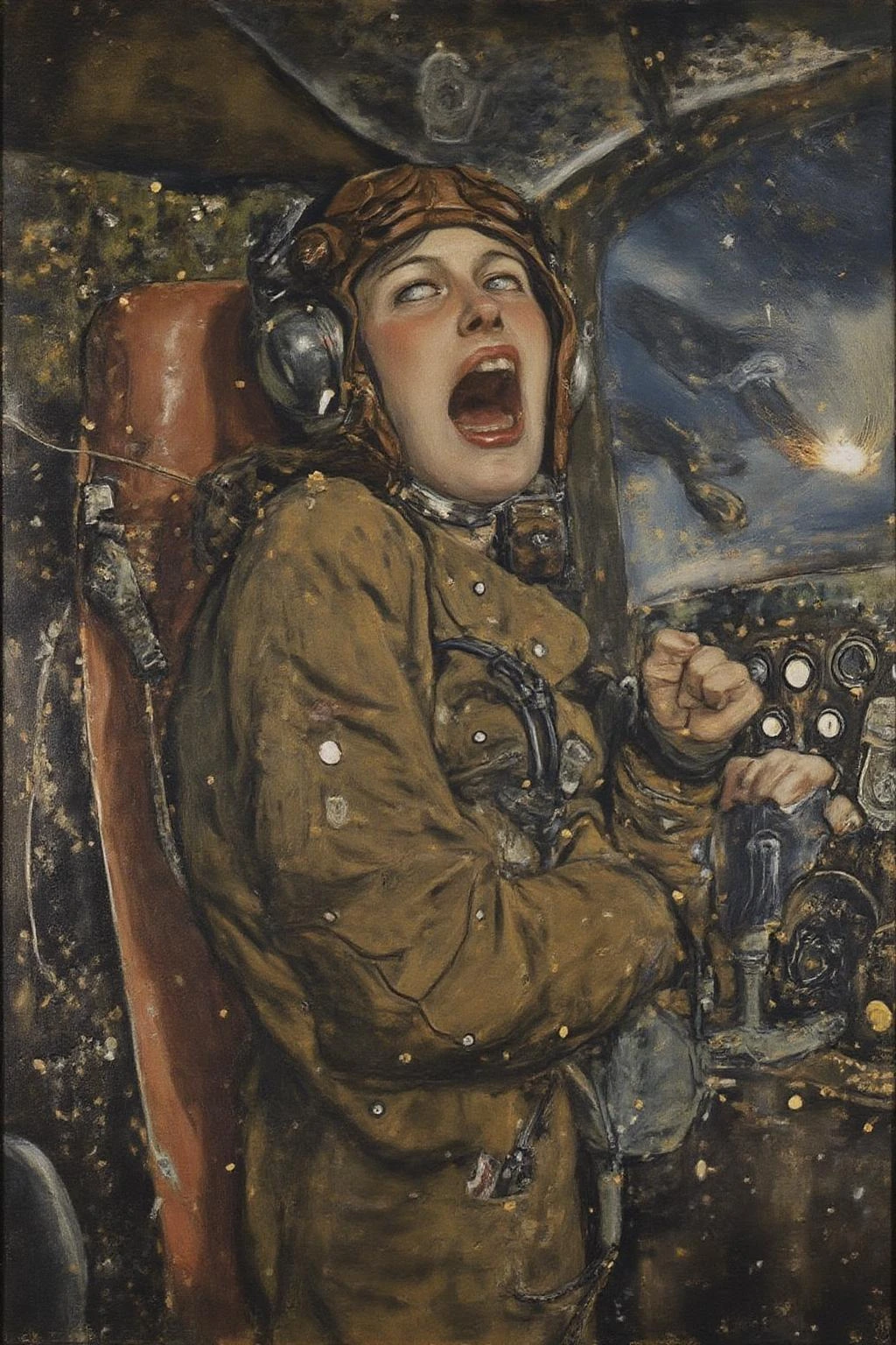 kl1mt painting. A female pilot screaming inside the cockpit of a World War II bomber. The pilot, wearing a vintage leather flight helmet with goggles and a bomber jacket, grips the controls with white-knuckled hands. Her face is contorted in a mix of fear and determination as she yells, her eyes wide with adrenaline. The cockpit is cramped and filled with old-fashioned dials and gauges, with the outside view showing dark stormy clouds and distant anti-aircraft fire <lora:kl1mt_cap_d6a3e12:1.0><lora:823307959200212523:0>