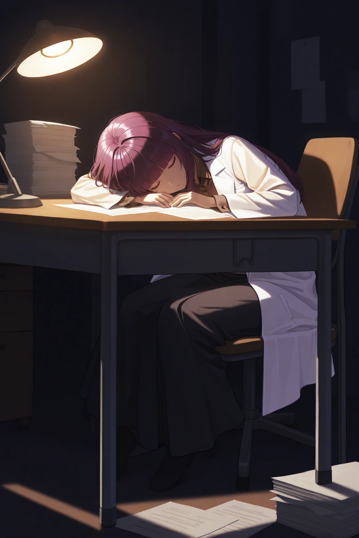 masterpiece, best quality, 1girl, solo, <lora:eta-illu-nvwls-v1-000006:1> sdeta, purple hair, blunt bangs, long hair, white labcoat, brown shirt, collared shirt, black skirt, long skirt, head rest, closed eyes, sleeping, desk, chair, dark room, sitting, papers, desk lamp