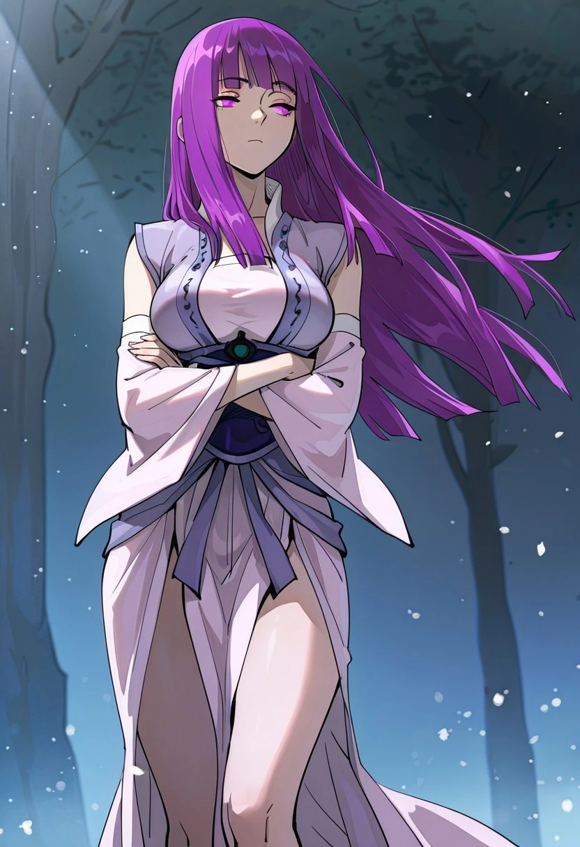 masterpiece, best quality, amazing quality, absurdres, highres,
yeziyun, 1girl, lavender eyes, purple hair, long hair, bangs, blunt bangs, breasts, slender, cute, detached sleeves, sash,
dim lighting, glowing theme, wind, sexy, outdoors, dim light, strong will, still, arms crossed under breasts, long legs, half closed eyes, pensive, light particles, half close up, looking away, side view