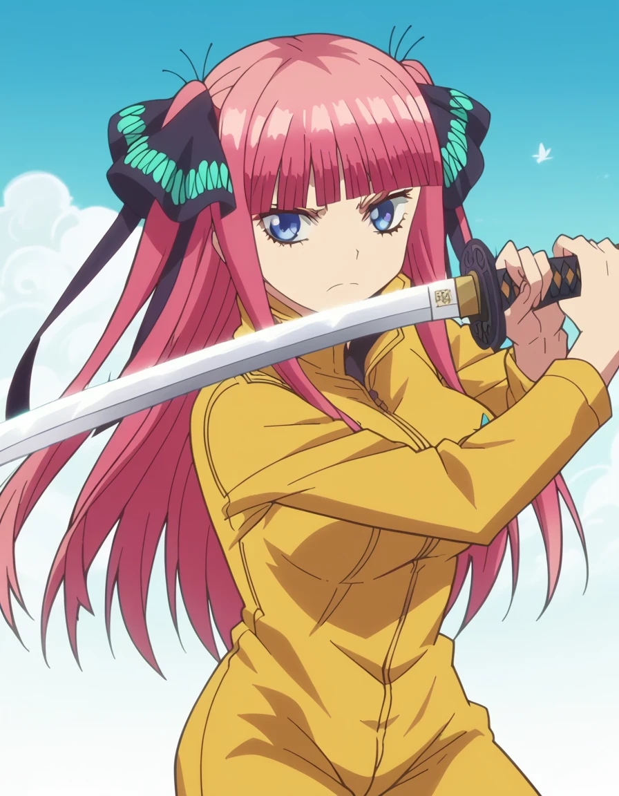 score_9, score_8_up, score_7_up, source_anime, <lora:nino-nakano-s1-ponyxl-lora-nochekaiser:1>, nino nakano, long hair, bangs, blue eyes, hair ornament, hair ribbon, pink hair, blunt bangs, two side up, butterfly hair ornament, large breasts, anime screencap, <lora:sword-guard-stance-ponyxl-lora-nochekaiser:1>, sword guard stance, sword, weapon, solo, katana, holding, holding weapon, holding sword, looking at viewer,, jumpsuit, yellow jumpsuit, high collar, cowboy shot, pants,,