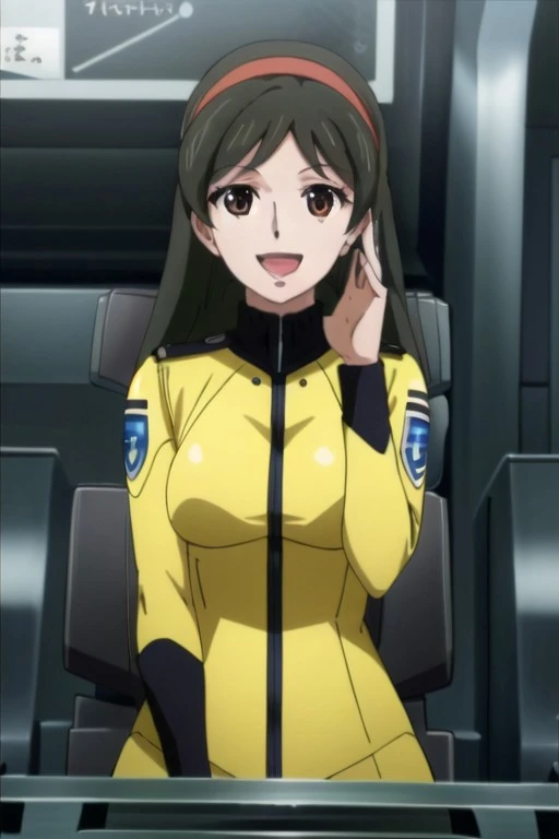(masterpiece), saijo miki, black hair, brown eyes, long hair, 1girl, hairband, solo, uniform, smile, open mouth, military, anime coloring, military uniform, :d