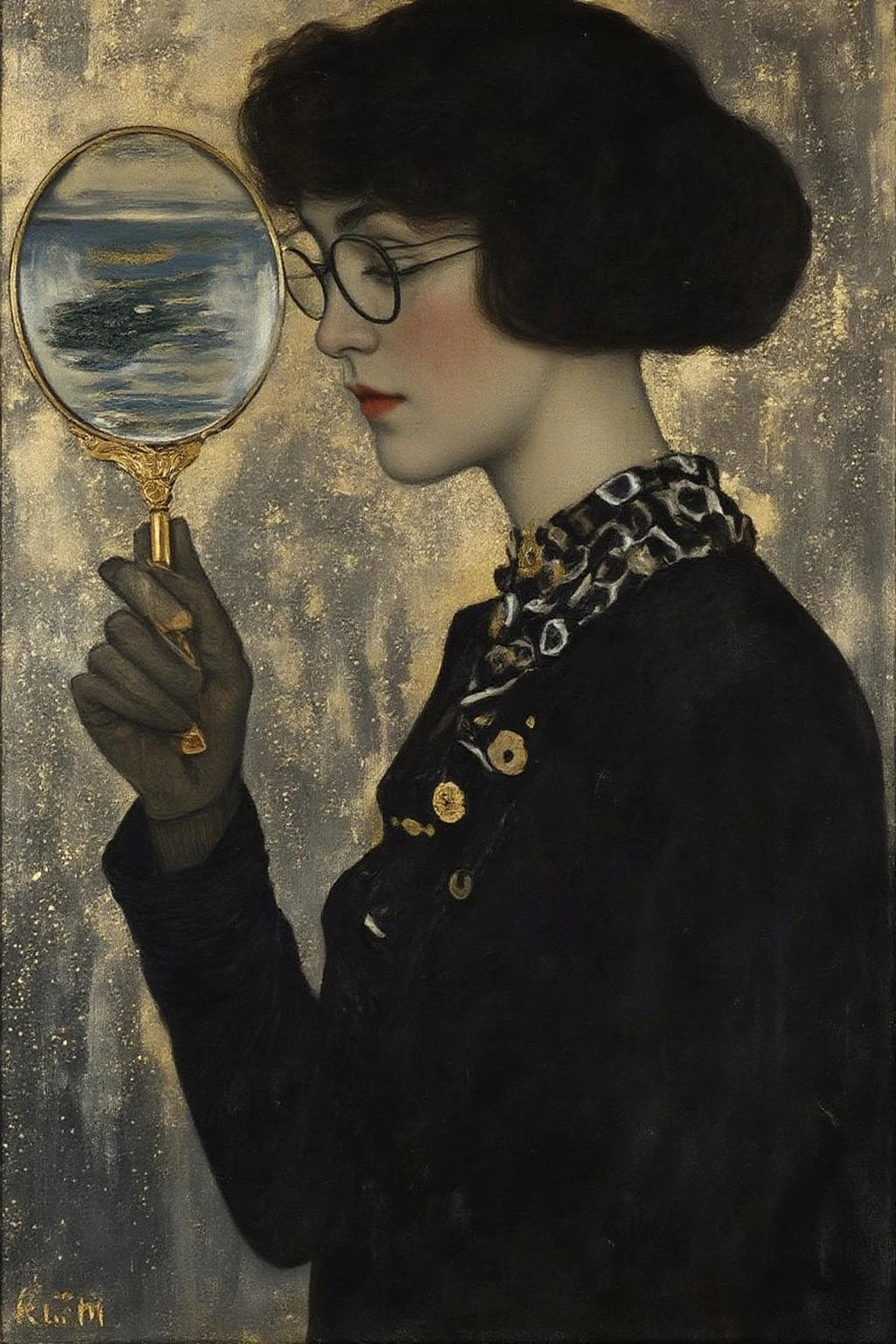 kl1mt painting. Portrait of a female detective scowling into a magnifying glass. The glass is crystal clear, showing a water portal through the glass. The detective is wearing a pair of old fashion glasses, and a black suit that emanates her shadowy figure. <lora:kl1mt_cap_d6a3e12:1.0><lora:823308697934601796:0>