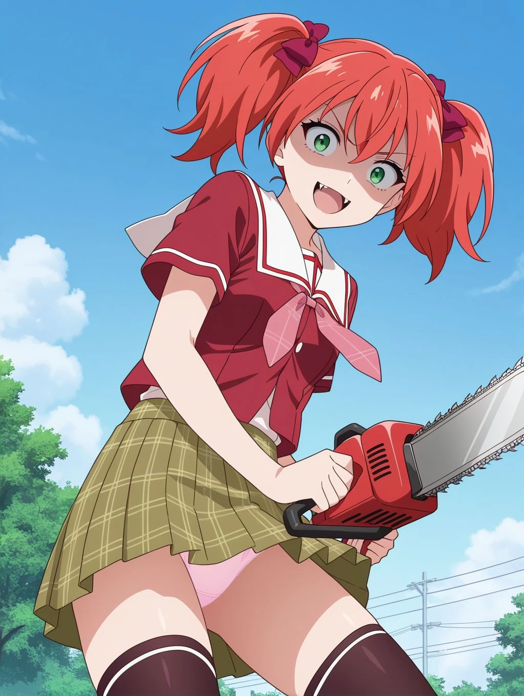masterpiece, best quality, newest, absurdres, highres, detailed eyes, beautiful, detailed background, perfect eyes, anime coloring, anime screencap, 1girl, solo, shuzen kokoa, red hair, short hair, twintails, hair bow, green eyes, small breasts, school uniform, red shirt, short sleeves, white sailor collar, pink ribbon, plaid skirt, black thighhighs, holding chainsaw, two handed, looking at viewer, frown, smile, open mouth, fangs, wide-eyed, constricted pupils, shaded face, (outdoors, school grounds), from below, panties, pantyshot, <lora:kokoa_r2v_illus-05:0.8>