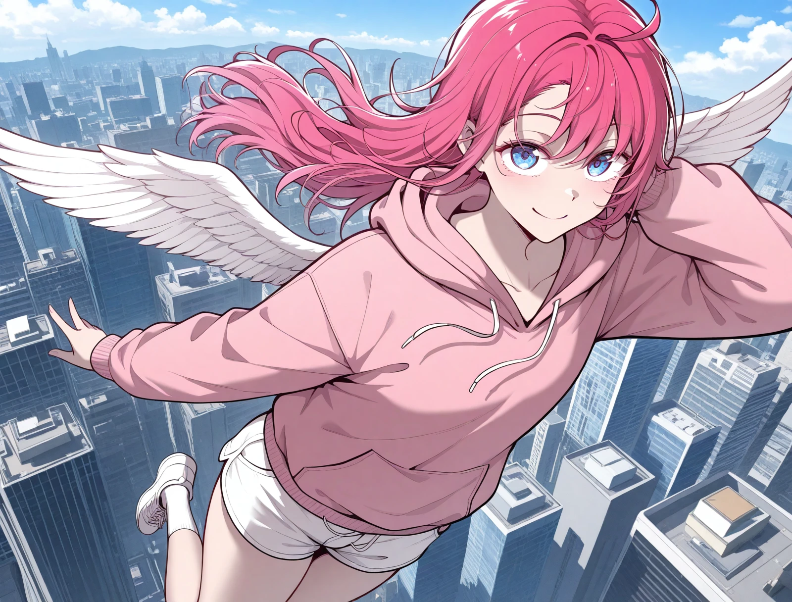anime girl with short pink hair blue eyes pink hoodie blue skirt black legwear white shoes hairclip, angel wings, sky, angel dreamy