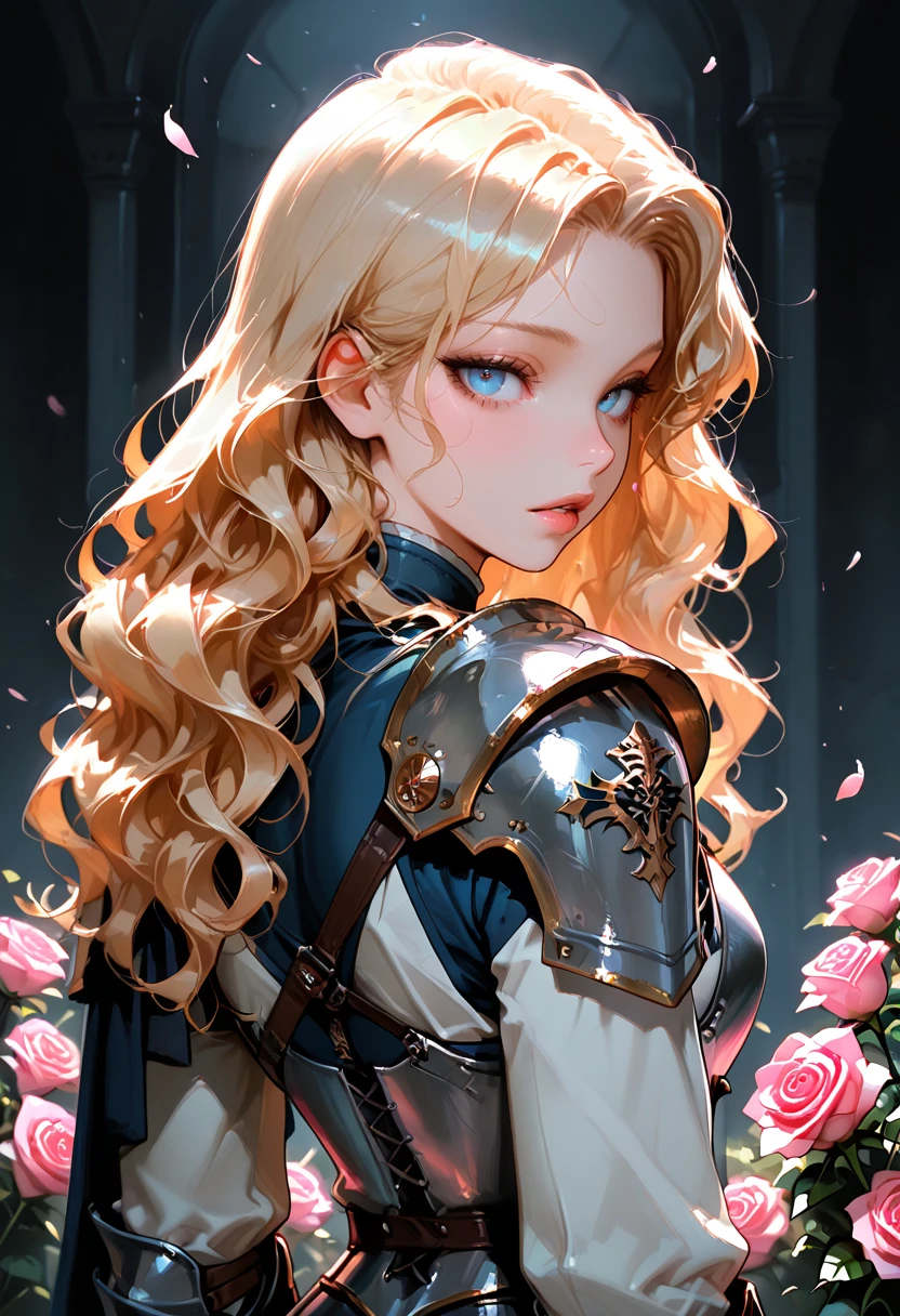IllusP0s, 1girl, long hair, looking at viewer, blue eyes, blonde hair, long sleeves, upper body, flower, parted lips, looking back, from behind, armor, uniform, lips, petals, rose, wavy hair, shoulder armor, pink flower, pink rose <lora:PeatV1:1>