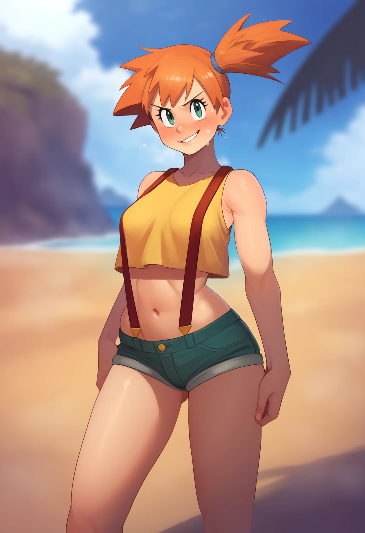 best quality, amazing quality, very aesthetic, absurdres,
BREAK
1girl, misty \(pokemon\), orange hair, side ponytail, yellow crop top, short shorts, thong, suspenders, looking at viewer, smirk, standing BREAK
sand, sea, blue sky, tropical island background, <lora:EltonelNoobLocon_byKonan:1>