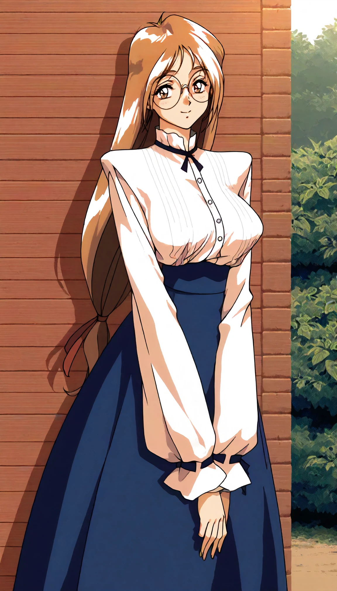 Tian Superior Yuan Asuka、Big Breasts、A woman with very large breasts、Anime Women、solo、Are standing、Long Hair、Blonde、Brown Eyes、School_uniform_Sailor clothes_white_shirt_Brown_Sailor_collar_Crossed_superior_Brown_skirt_Long sleeve、masterpiece、Highest_quality、detailed_face、detailed_eye、High resolution、beautiful、detailed、Absurd