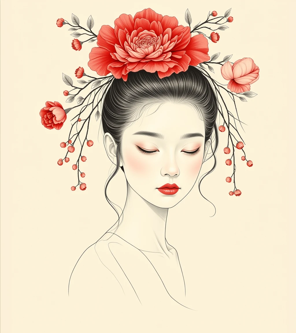 baomiao_solo, ink line drawing,
a woman with a red flower on her head,