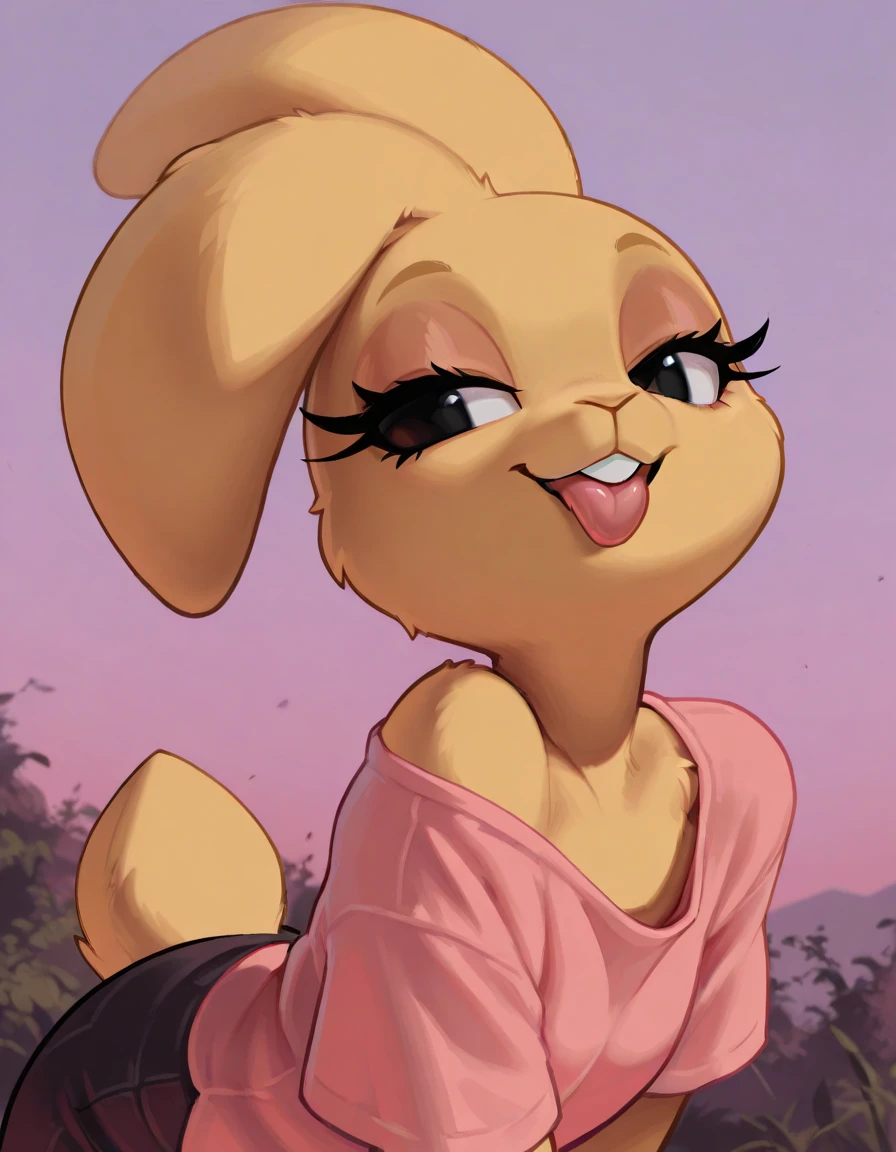 masterpiece, best quality,
outdoors,
headshot,seductive smile,parted lips,long eyelashes,tongue out,pink shirt,
<lora:Bonita_v01_ILXL:1>,
Bonita,1girl,solo,furry female,rabbit girl,animal nose,animal ears,body fur,two-tone fur,black eyes,rabbit ears,rabbit tail,yellow fur,buck teeth,chocker,