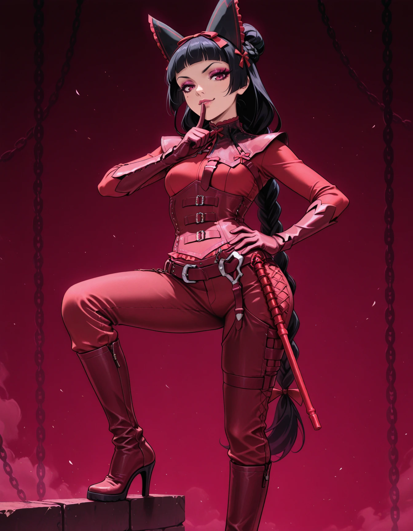 1girl, solo, rory mercury bun braid, very long thin braid, straps, pulled back hair, red corset, pants, shushing, buckles, red chest strap, belt, hands on hips, stitching, <lora:mordsith-ILXL2025-01-26_19-02-05-save-390-30-0:0.8> looking at viewer, gloves, shoulder armor, chain, stepping pose, red high heel boots, <lora:Style_ecstatic-EGirlPFP-ILXL:1> EGirlPFP, dramatic eyeliner, smug, red baton masterpiece, best quality, very aesthetic, newest