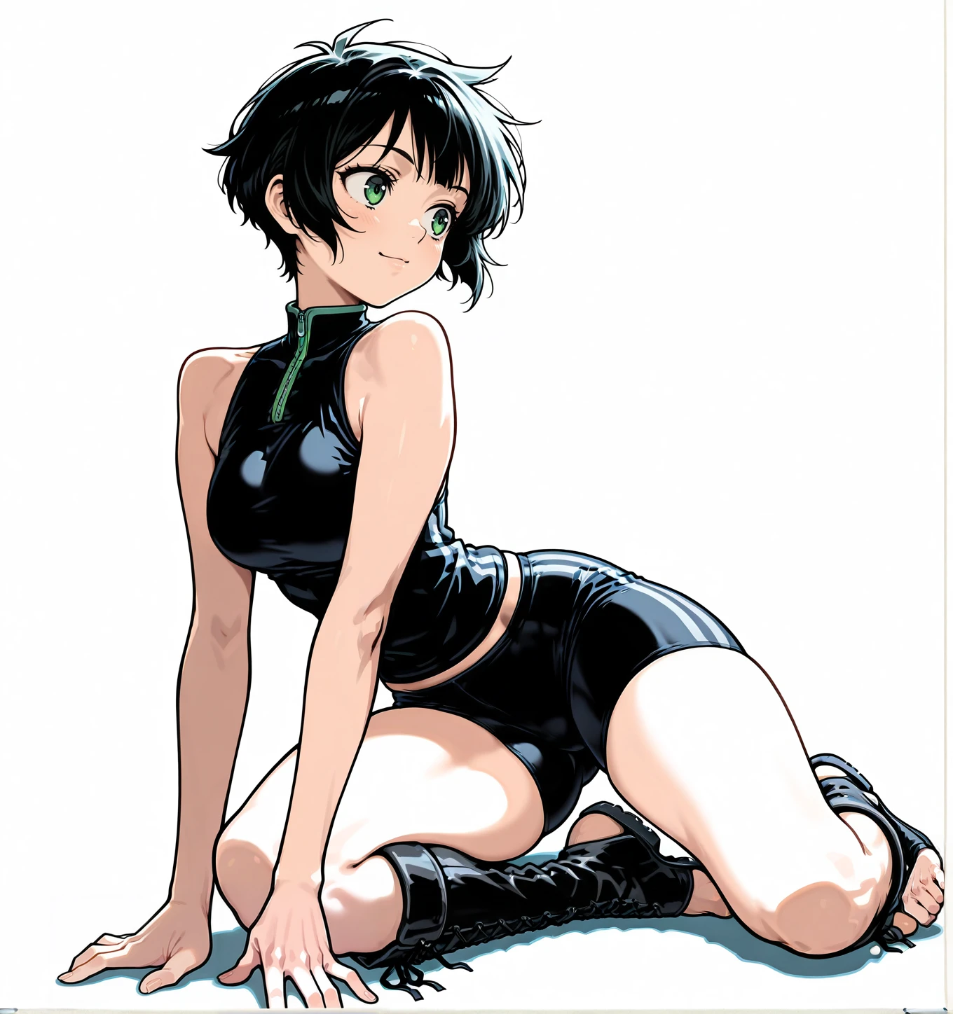 1firl, solo, full body, masterpiece, best_quality, absurdres, perfect quality, high quality , White background, simple background,,BREAK 
Pretty face, eyes details
<lora:Capcom_Fighting_Jam:1> CFJ,REALISM 
Black hair, short hair, green eyes, || sleeveless shirt, bike shorts, toeless boots, curvy body