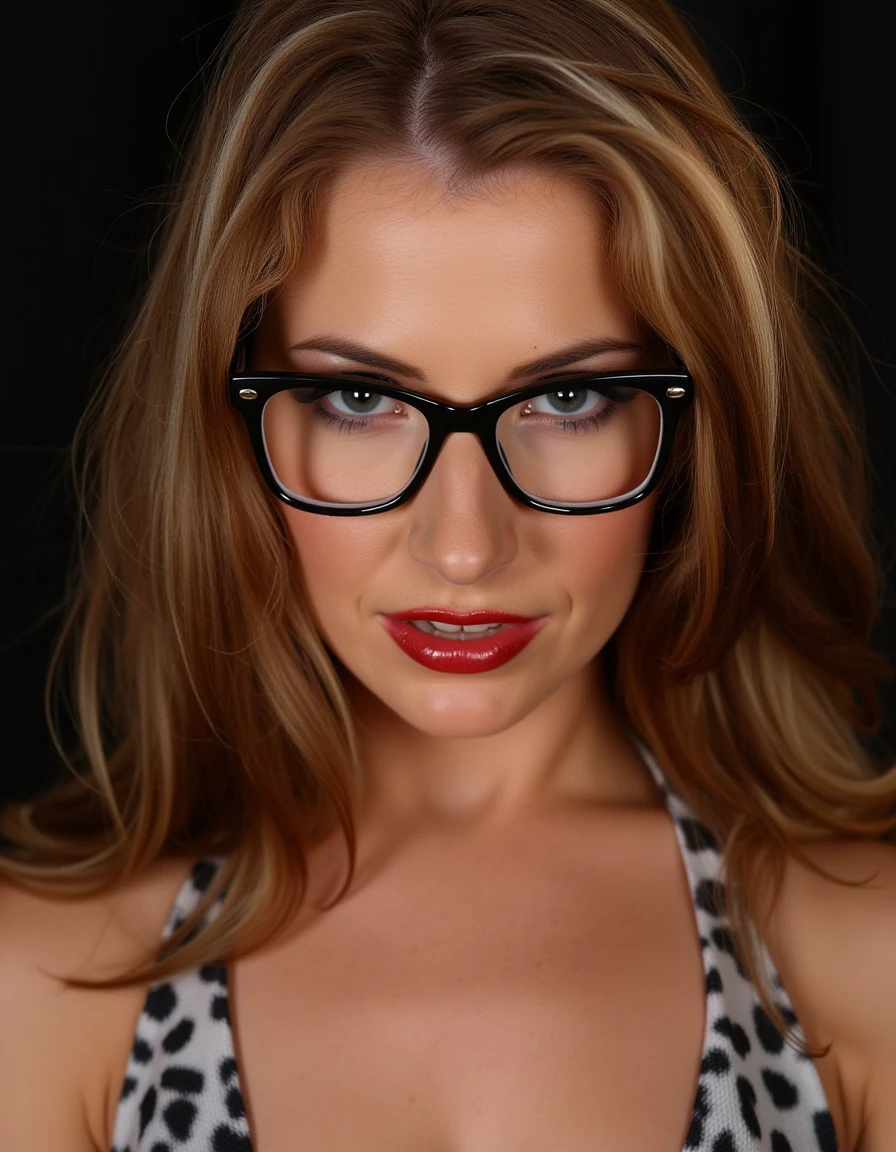 A striking portrait of a fierce woman with piercing eyes and bold, direct eye contact. She wears natural-looking brick-red lipstick and large, avant-garde glasses. The composition embodies a high-fashion editorial aesthetic, blending ethereal beauty with dramatic shadows and luxurious fashion details. The zoomed-out perspective places the subject in 30% of the frame, leaving ample negative space around her head for a modern, minimalist feel. The subtle 3D effect enhances the visual depth, creating a captivating and dynamic image.