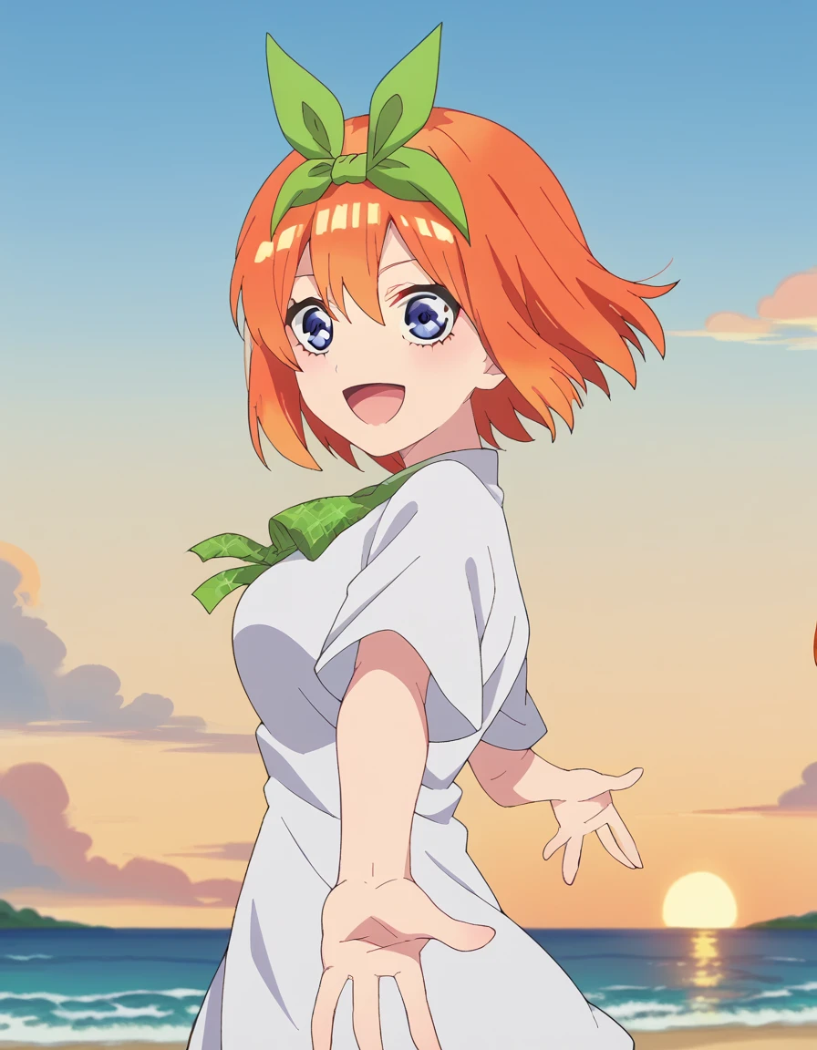 score_9, score_8_up, score_7_up, source_anime, <lora:yotsuba-nakano-s2-ponyxl-lora-nochekaiser:1>, yotsuba nakano, bangs, short hair, blue eyes, hair between eyes, hair ribbon, hairband, orange hair, green ribbon, large breasts, anime screencap, <lora:looking-back-reaching-towards-viewer-ponyxl-lora-nochekaiser:1>, looking back reaching towards viewer, looking at viewer, solo focus, smile, looking back, open mouth, reaching towards viewer,, ocean, beach, outdoors, sky, cowboy shot, sunset, clouds, thighs, solo,