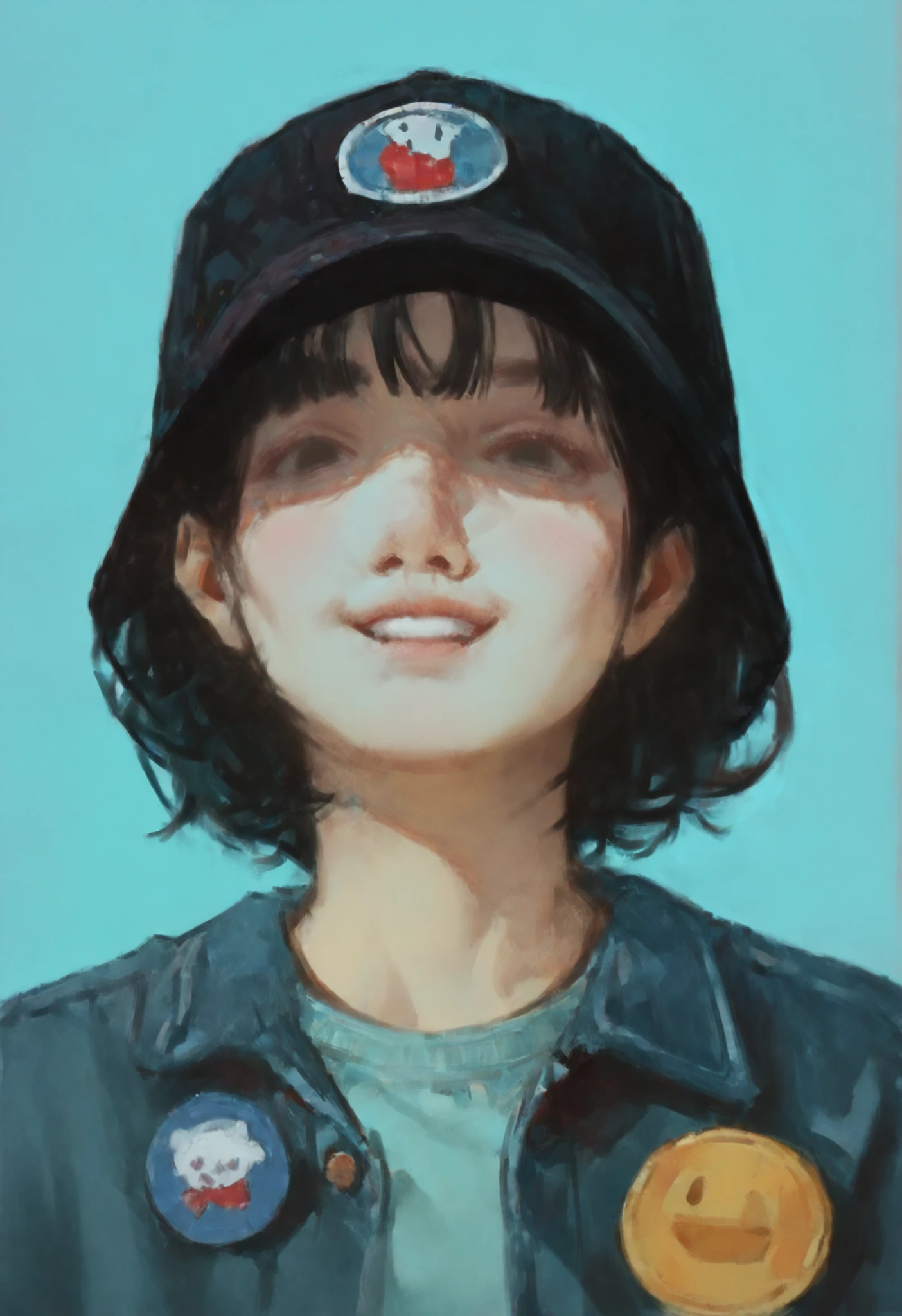 1girl, solo, badge, simple background, black hair, hat, blue background, looking at viewer, short hair, shirt, smile, black headwear, bangs, portrait, aqua background,
masterpiece, best quality, amazing quality, absurdres, newest, realistic, painting \(medium\),
<lora:fuenze:1>,
<lora:lora:0.5>