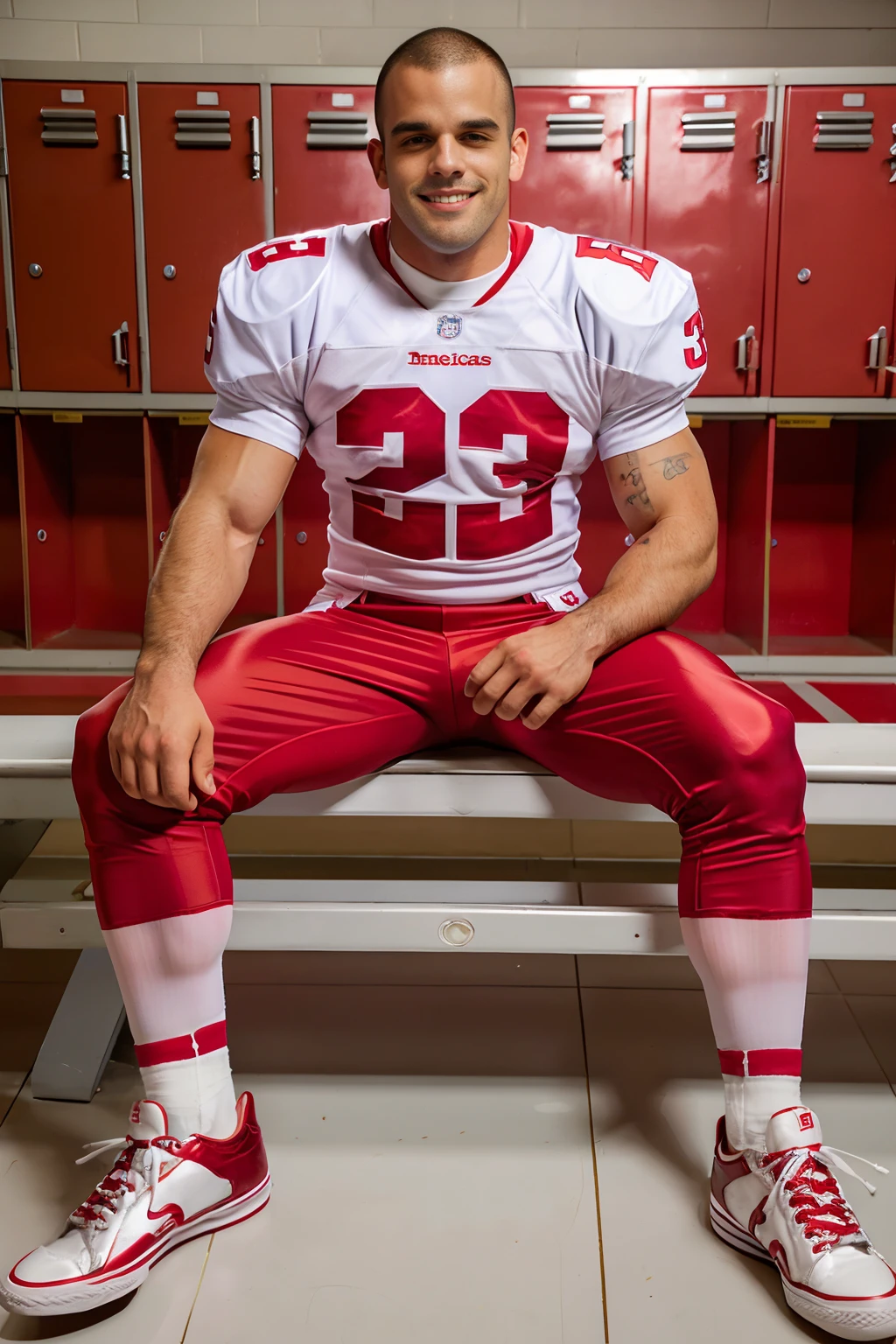 locker room, lockers in the background, sitting on a bench, smile, (DamienCrosse) is an (American football player), wearing (American football uniform), (red jersey:1.4), jersey number 23, (white football pants:1.3), (red socks), (sneakers:1.2), (((full body portrait))), wide angle <lora:DamienCrosse:0.8>