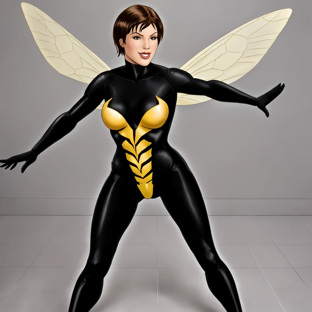 <lora:justicehentai_pony_v2:1> score_9, justicehentai_style, justicehentai, source_artwork <lora:wasp_pony_v1:0.8> waspjanet, 1girl, short hair, insect wings, bodysuit, medium breasts, brown hair, brown eyes, lips