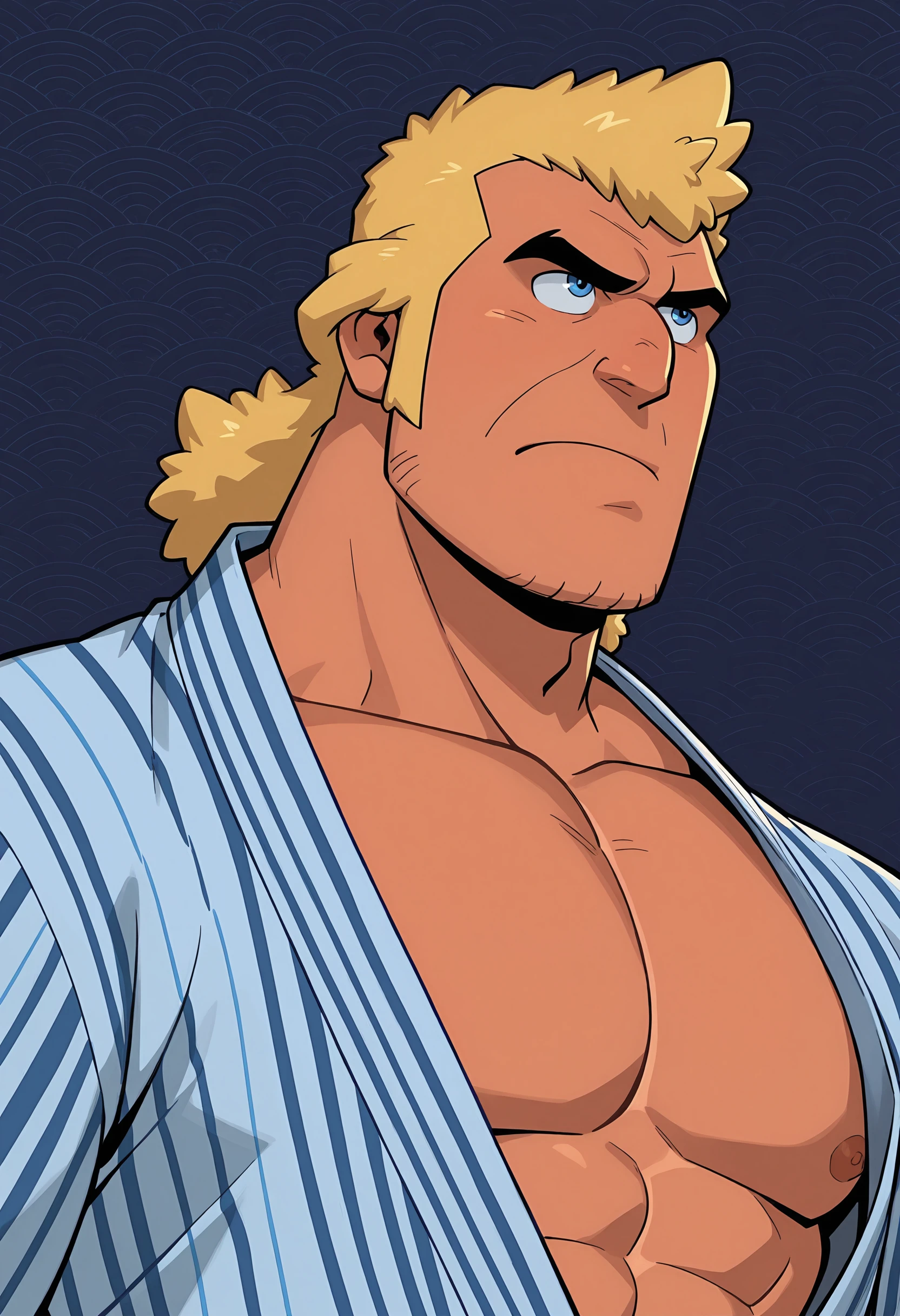 masterpiece, best quality, amazing quality, dynamic angle, dutch angle, abstract background, BREAK
solo, male, vb_brock, bara, muscular male, blonde hair, mullet, blue eyes, yukata, japanese clothing, upper body focus, BREAK
<lora:Brock_Samson_-_The_Venture_Brothers_-_ILXL:1>