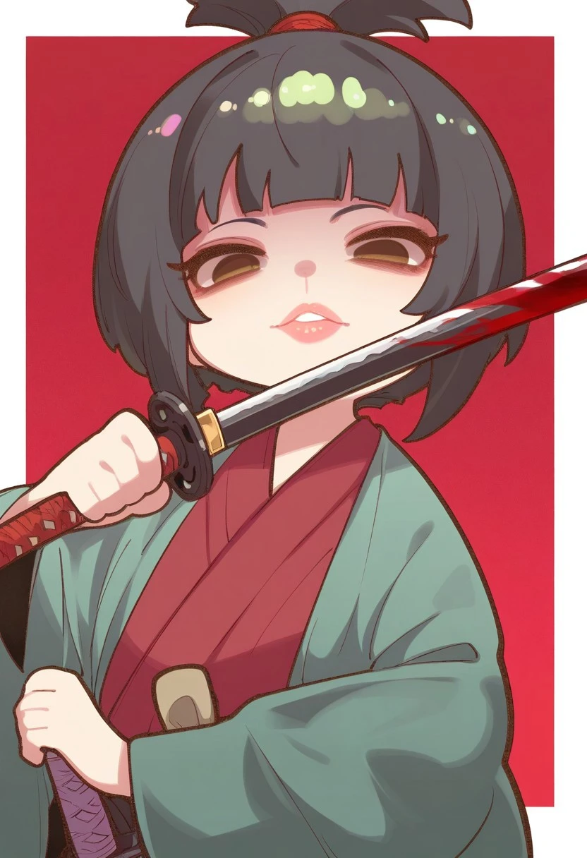 CuteChibi_ST, CTCB_ST, masterpiece, best quality, very aesthetic, high resolution, ultra-detailed, absurdres, newest, extremely detailed eyes, 1girl, solo, looking at viewer, black hair, holding, brown eyes, upper body, weapon, japanese clothes, sword, kimono, holding weapon, lips, blood, holding sword, katana, topknot