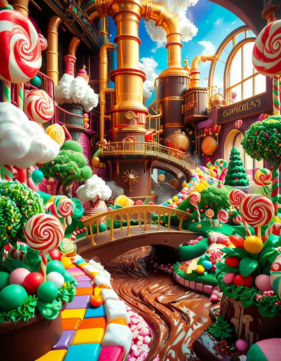 A whimsical and magical photo of Willy Wonkaâs Chocolate Factory. The scene captures the exterior of the factory, featuring a towering, fantastical building with colorful, crooked chimneys puffing out clouds of candy-scented steam. The walls are made of vibrant bricks in shades of purple, gold, and red, with intricate candy-inspired patterns carved into the structure. A large, ornate gate made of swirling lollipop shapes stands at the front, with the name "Willy Wonka" emblazoned in gold letters. Surrounding the factory is a lush, surreal landscape filled with oversized candy canes, gumdrop bushes, chocolate rivers, and trees made of cotton candy. The sky is bright and cheerful, with fluffy clouds that resemble whipped cream. The entire setting feels magical, playful, and inviting, full of bright, saturated colors and incredible, dreamlike details that spark the imagination.
<lora:SDXLFaeTastic2400:0.4> <lora:extremely_detailed:0.4> extremely detailed, <lora:Willy_W0nk4_chocolate_f4ct0ry:1>,Willy W0nk4 chocolate f4ct0ry, Masterpiece,best quality,hi res,8k,hi res,8k,award winning,(sharp focus, intricate, highly detailed),