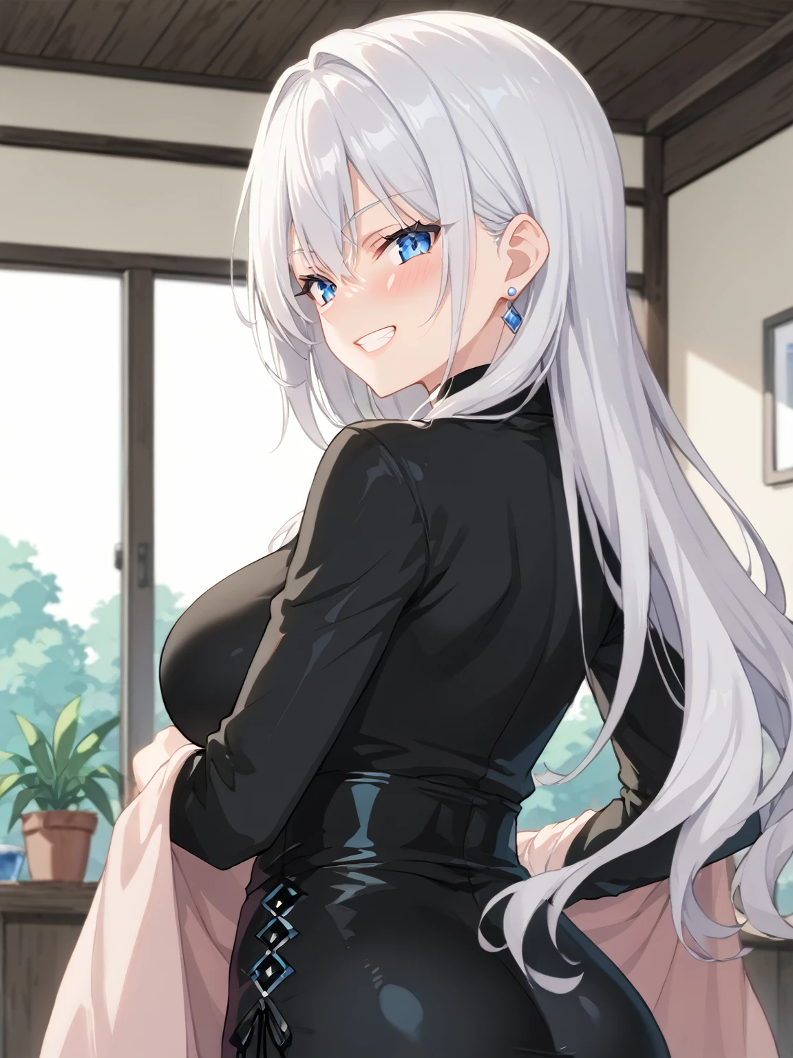 score_9, score_8_up, score_7_up, score_6_up, source_anime, anime screencap, blnkt, sfw, 1girl, black clothes, solo, pink blanket, from behind blanket, from behind, white hair, long hair, blue eyes, mature, aroused, grin, blush, indoors, (portrait), detailed background, Hyperdetailed, Extreme Detail, 4K Resolution, Masterpiece, Best Quality <lora:Wrapped_In_A_Blanket_-_RealmRabbit:1.6>