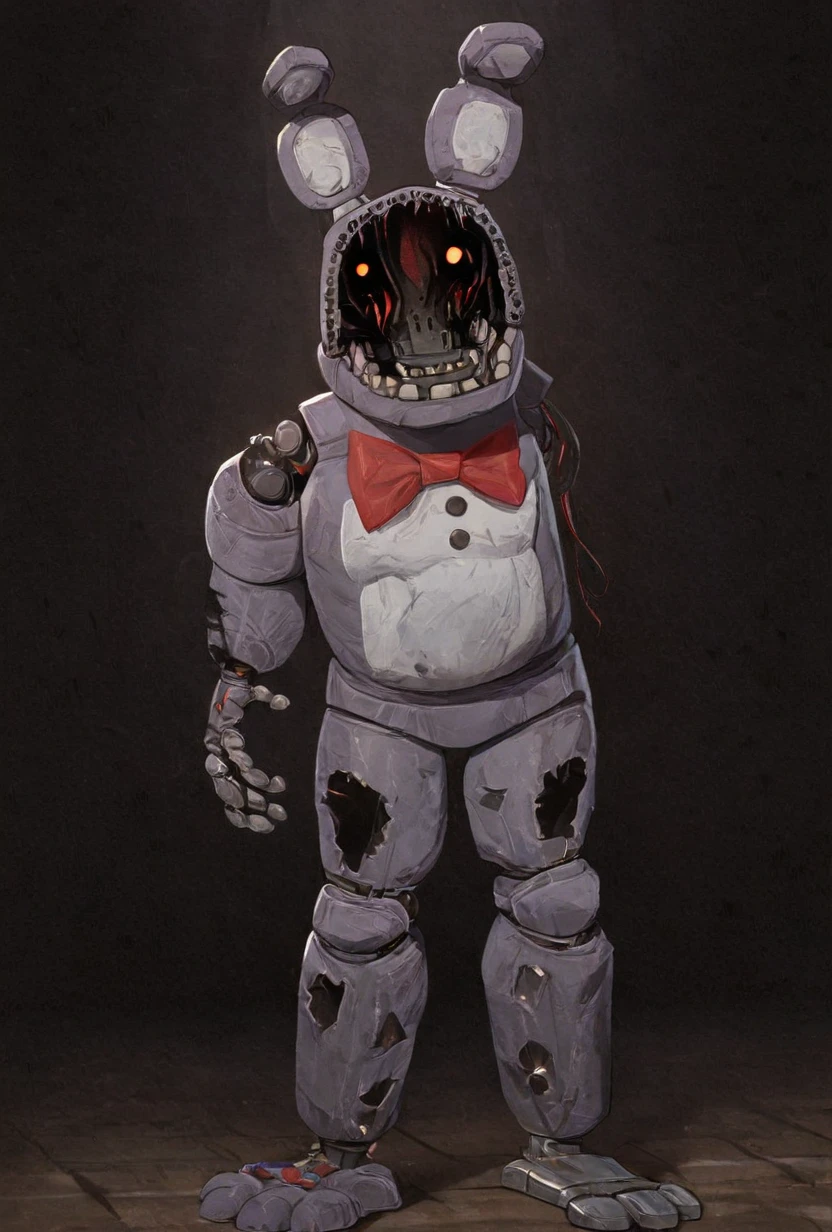 <lora:withbonnie-07:1> withbon, ((missing arm, amputated arm, wires ))no humans, bow, rabbit ears,, robot, dark background, horror scene, <lora:AMarvelRivals_style-06:1> MarvelRivals, , , semi realistic, cartoon, masterpiece, best quality, amazing quality, very aesthetic, absurdres, newest,