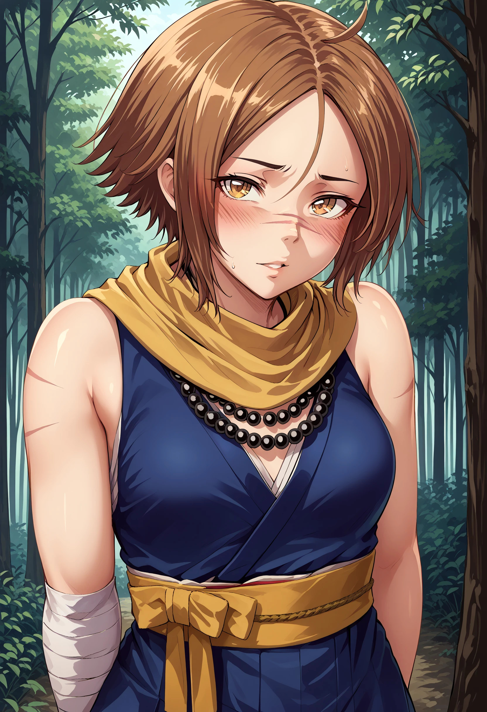 <lora:peroth_xl:0.8> masterpiece, 1girl, brown hair, medium hair, navel, closed eyes, black top, brown cape, brown fingerless gloves, blue facial mark, forehead mark, earrings, bracelet, yellow choker, own hands together, indoors,