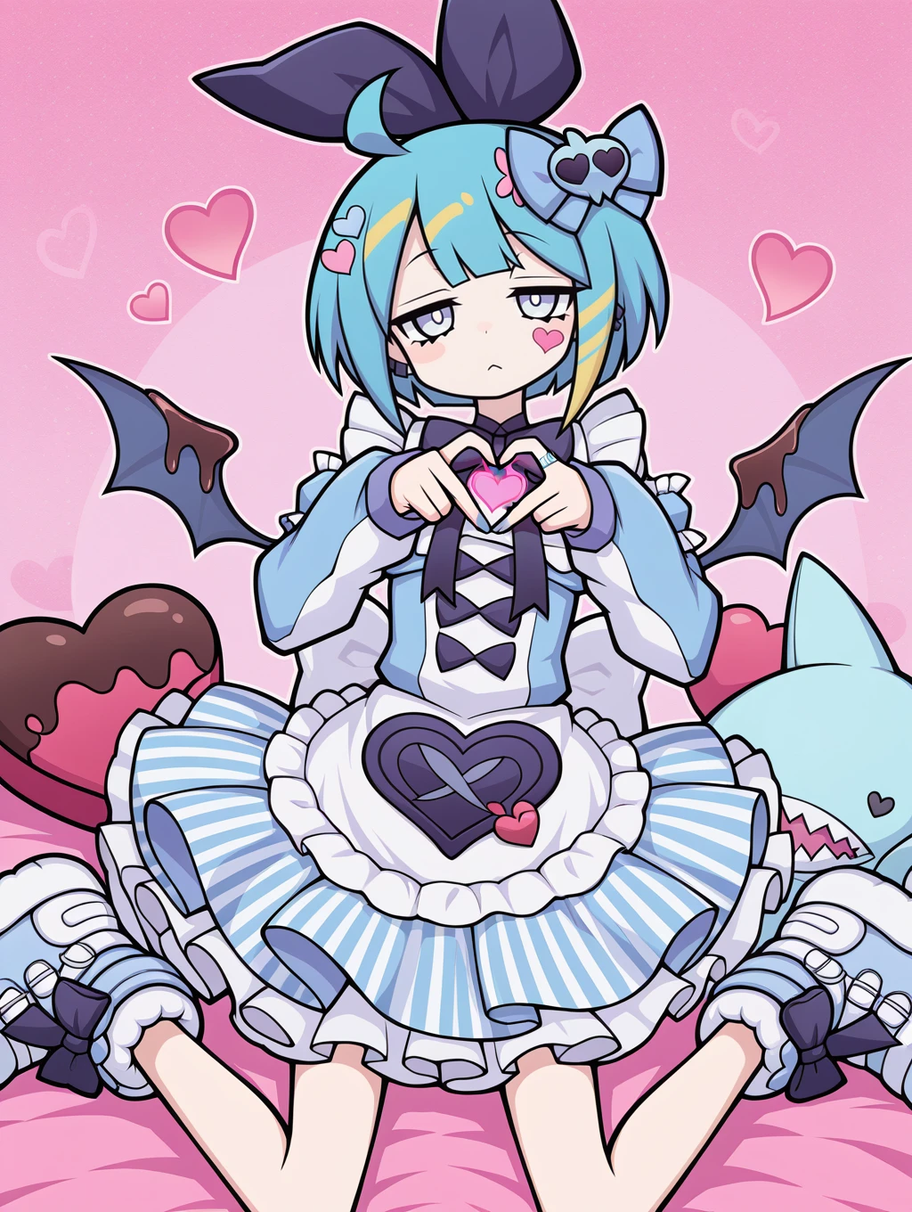 1girl,heart hands,official art,heart,solo,looking at viewer,food-themed hair ornament,lil la sweet,lil la,valentine costume,bandaid on hand,blue demon wings,blue hair ribbon,cyan arm warmers,cyan stickers,heart facial mark,stuffed shark toy,vertical-striped dress,white back bow,chocolate on wings,chocolate,kneeling,
masterpiece,best quality,amazing quality,very aesthetic,absurdres,newest,<lora:Live Twin Ki-sikil & Lil-la illuXL v4:0.7>,