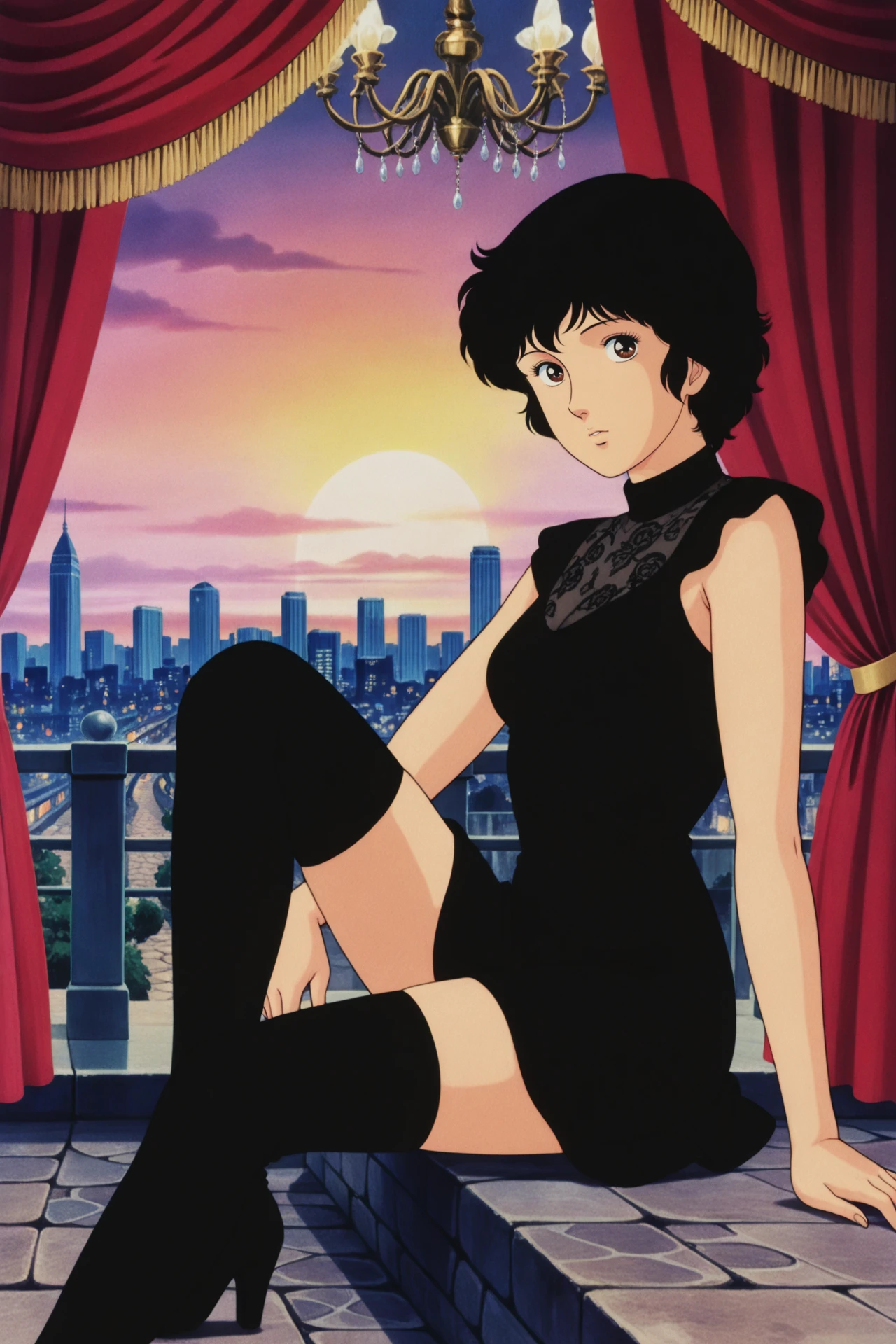(Realistic:1.5) full body shot, looking at viewer, short hair, black hair, medium breasts, closed mouth, collarbone, long black boots, indoors, black eyes, strapless, frown, black choker, green head wings, wristband, black leotard, strapless leotard, A sprawling, sun-drenched vineyard filled with magical grapes and mystical creatures.,<lora:EdobUruseiYatsuraKurama_v1.0:0.8>
