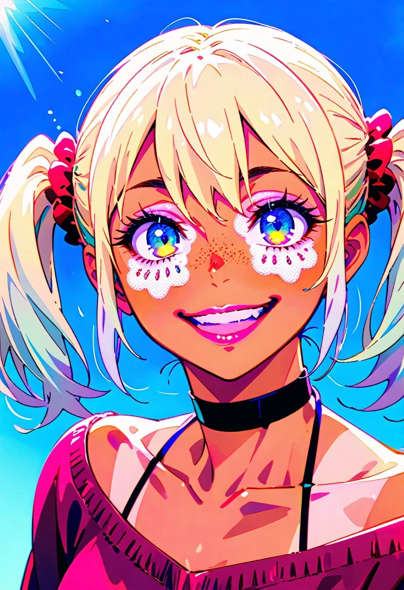 LOVELYWAIFU_ST, NTLANM_STL, detailed background,
Best Quality, beautiful:1.6)), shiny skin, sexy girl, kawaii girl, sexy body, perfect cute face, (pink lips, white eyeshadows:1.6), BREAK (blue eyes, medium hair, fringe, half twintail, twintails, pigtails, shiny hair, multicolored hair, gyaru, full tan, tanned, blonde platinium hair, bimbo), BREAK ((detailed eyes, high definition eyes, high gradient eyes, high definition eyes, sky blue eyes:1.3)), BREAK ((big smile, freckles, black choker, scrunchie:1.4))