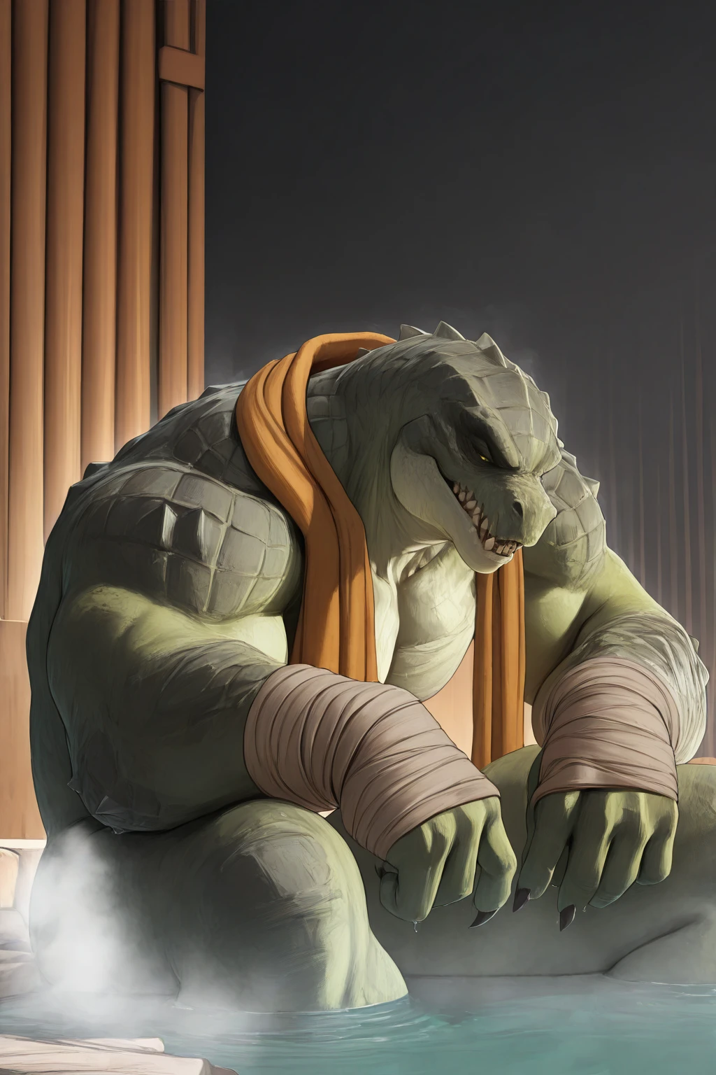 masterpiece, good quality, best quality, very awa, very as2, absurdres, highres, 3d
<lora:Killer CrocilluLoRA:0.8>killercroc, scales, sharp teeth, muscular, claws, bandages, collar, spikes, sitting in an onsen, steam, at night, partially submerged, towel around neck,1boy, nude
