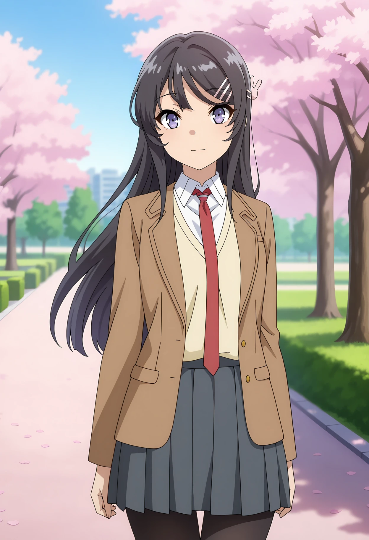 anime screencap, masterpiece, best quality,
<lora:SeishunButaYarou_SakurajimaMai_IlluXL:0.9>,
1girl, solo, closed mouth, light smile, light blush,
long hair, black hair, purple eyes, hairclip, rabbit hair ornament,
MaiSchool, blazer, open jacket, brown jacket, yellow vest, white shirt, long sleeves, red necktie, pleated skirt, grey skirt, black pantyhose,
standing, looking at viewer, cowboy shot,
blurry background, outdoors, park, blue sky, cherry blossoms
