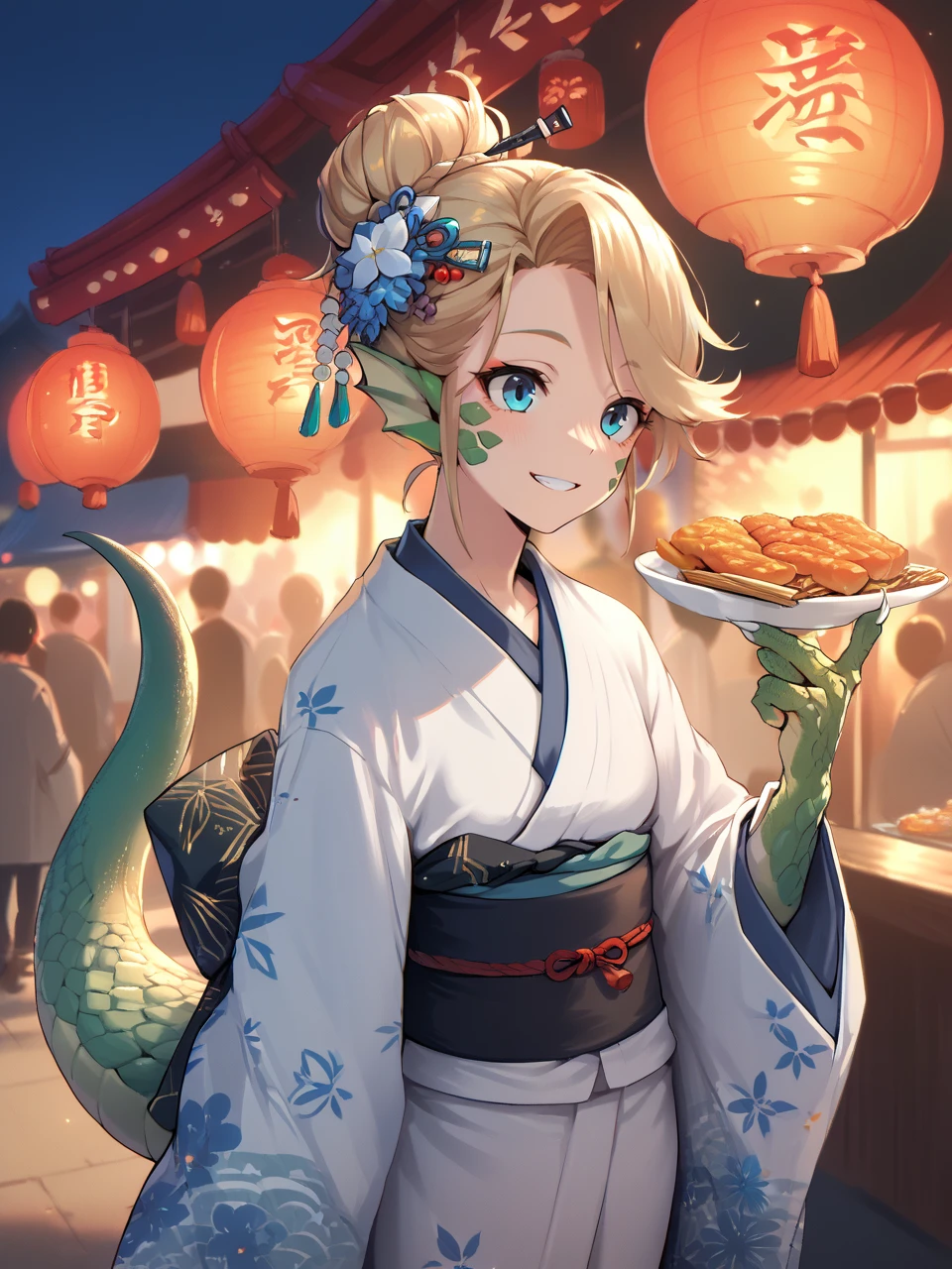 <lora:MGE_Lizard-PONY:0.8> mgelizardgirl, monster girl, scales, lizard tail, animal hands, blonde hair, single hair bun, hair ornament, kimono, holding food, smile, festival, score_9, score_8_up, score_7_up, score_6_up,