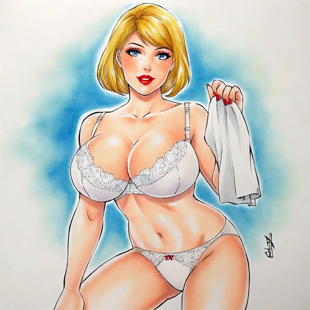 beautiful female doctor working in a hospital; She reveals, as she walks, her beautiful purple and pink lace thong; Her robe is extremely fitted; her nipples are transparent; she has voluminous breasts; wide and beautiful hips; extremely sensual image; mischievous and flirtatious look; red lips; fine details in lips, fine details in eyes, fine details in eyelashes, fine details in breasts, fine details in hips, cinematographic image, masterpiece, work of art; the woman has a seductive pose; erotic image