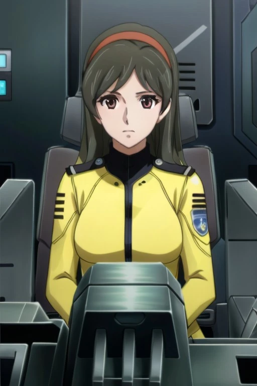 (masterpiece), saijo miki, black hair, brown eyes, long hair, 1girl, solo, hairband, uniform, military, cockpit, military uniform, pilot suit