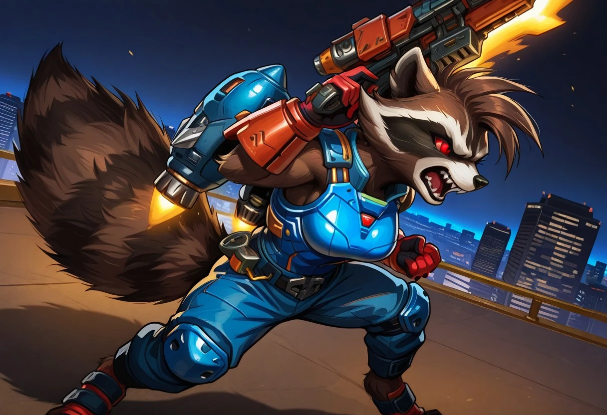 highres, hi res, best quality, masterpiece, intricate details, absurdres, 4k, solo, 1girl, rocket_raccoon, furry, anthro, raccoon, brown body, brown fur, red sclera, red eyes, black nose, fluffy tail, sharp teeth, fangs, clothed, blue armor, blue pants, red gloves, gloves, jetpack, female, large breasts, short, city background, night, on top of the building, crouching, legs apart, holding gun, gun, fierce, angry, open mouth, three quarter view, dutch angle, looking away, action view, action pose, side view,