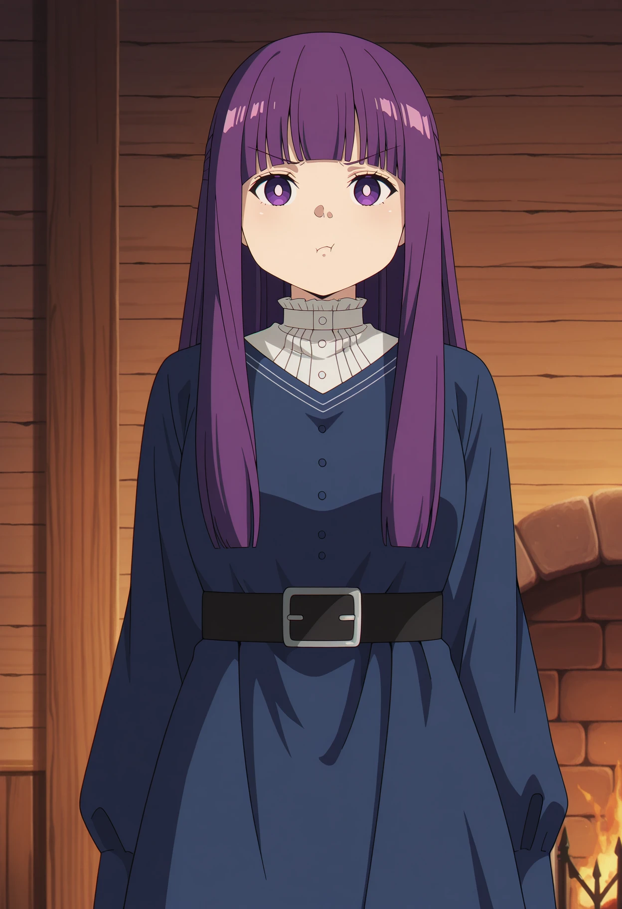 anime screencap, masterpiece, best quality,
<lora:SousouNoFrieren_Fern_IlluXL:0.9>,
1girl, solo, pout,
purple hair, long hair, purple eyes, bright pupils, blunt bangs,
FernWinter, blue dress, black belt,
standing, looking at the viewer, cowboy shot,
indoors, wooden wall, fireplace