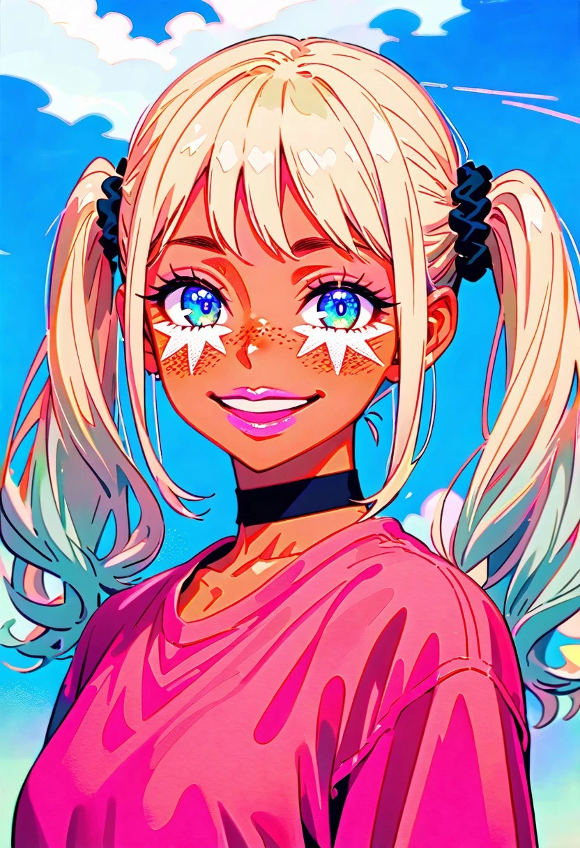 LOVELYWAIFU_ST, NTLANM_STL, detailed background,
Best Quality, beautiful:1.6)), shiny skin, sexy girl, kawaii girl, sexy body, perfect cute face, (pink lips, white eyeshadows:1.6), BREAK (blue eyes, medium hair, fringe, half twintail, twintails, pigtails, shiny hair, multicolored hair, gyaru, full tan, tanned, blonde platinium hair, bimbo), BREAK ((detailed eyes, high definition eyes, high gradient eyes, high definition eyes, sky blue eyes:1.3)), BREAK ((big smile, freckles, black choker, scrunchie:1.4))
