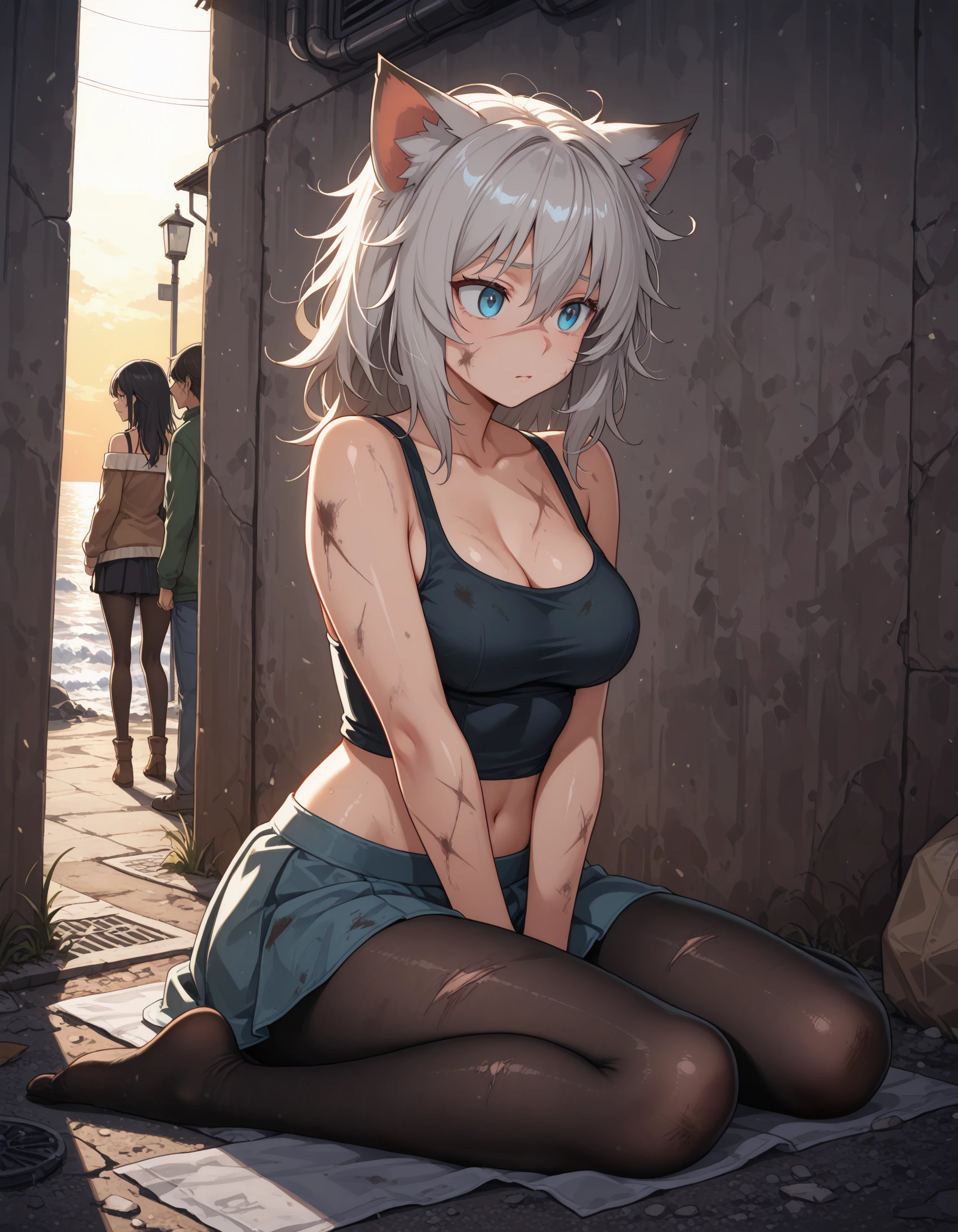 1girl, homeless, (dirty, garbage, messy hair), on street, cat ears, blue eyes, black pantyhose, ocean, navel, breasts, (scar on face), wariza, skirt, sitting, solo focus, shiny skin, ass, bare shoulders, hdr, low contrast,
masterpiece, best quality, absurdres, masterpiece, highres, perfect anatomy, anime style, anime screenshot, 8k wallpaper, ultra high quality, (extremely detailed cg), perfect lighting, (sharp image), dynamic angle