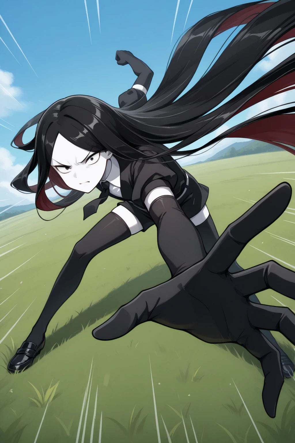 masterpiece, best quality, looking at viewer, angry, 1other, hnkbrt, colored skin, white skin, black eyes, crystal hair, black hair, colored inner hair, parted bangs, absurdly long hair, black shirt, puffy short sleeves, wing collar, black necktie, white belt, black shorts, elbow gloves, black gloves, black thighhighs, black footwear, IncrsPunchMeme, speed lines, incoming attack, outdoors, grass, blue sky, <lora:Hoseki_LandOfTheLustrous_Bort_IllustriousXL_v1:1> <lora:PepePunchMeme_illusXLNoobAI_Incrs_v1:1.1>